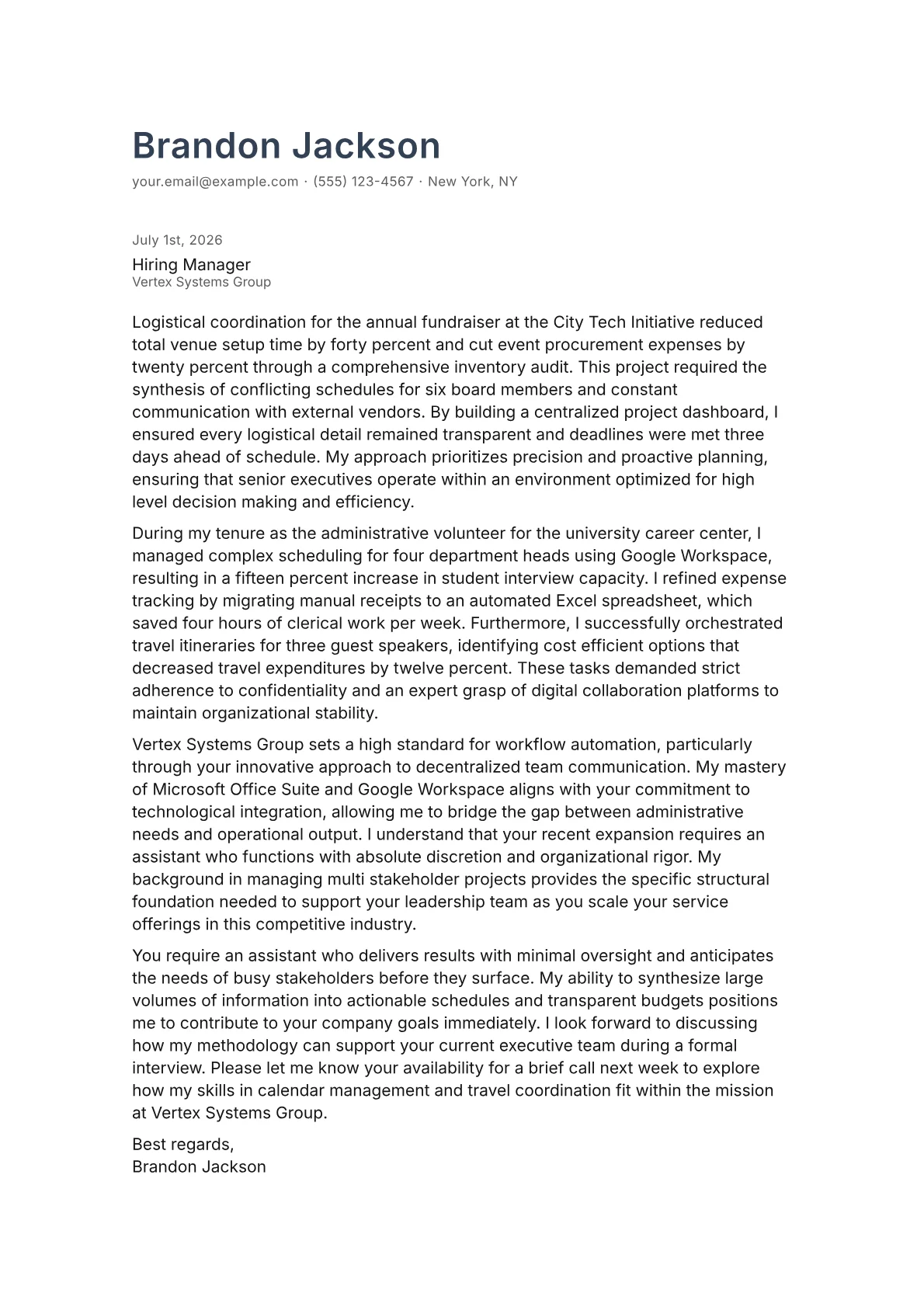 Executive Personal Assistant cover letter in the Minimal design