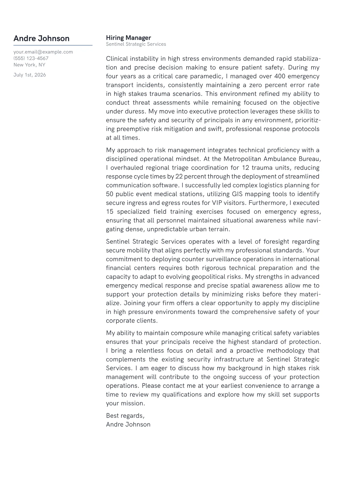 Executive Protection Agent cover letter in the Margin design