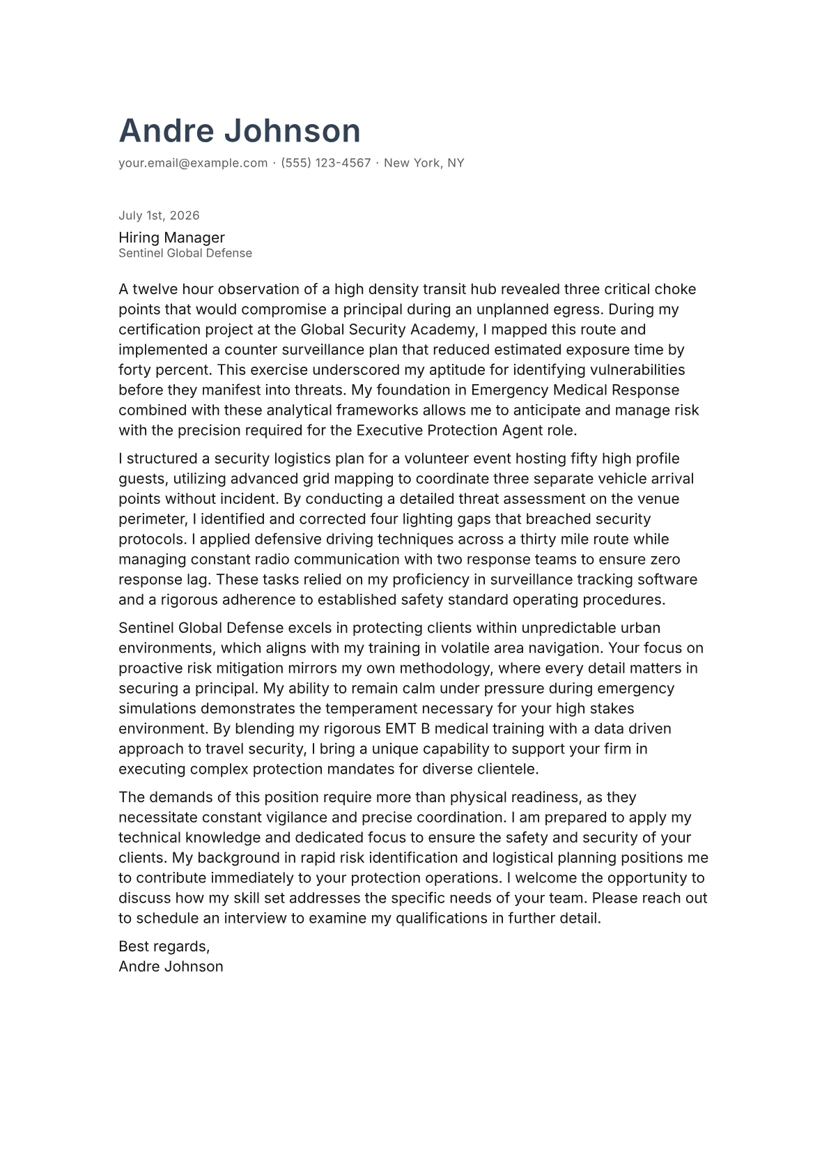 Executive Protection Agent cover letter in the Minimal design