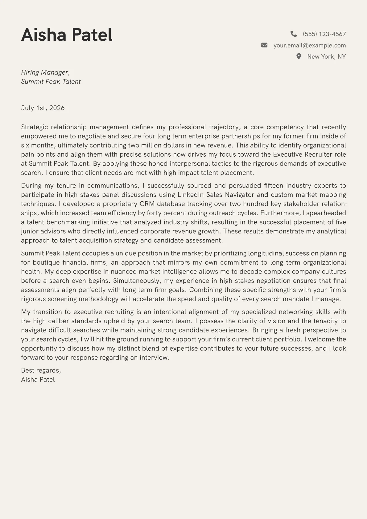 Executive Recruiter cover letter in the Creative design