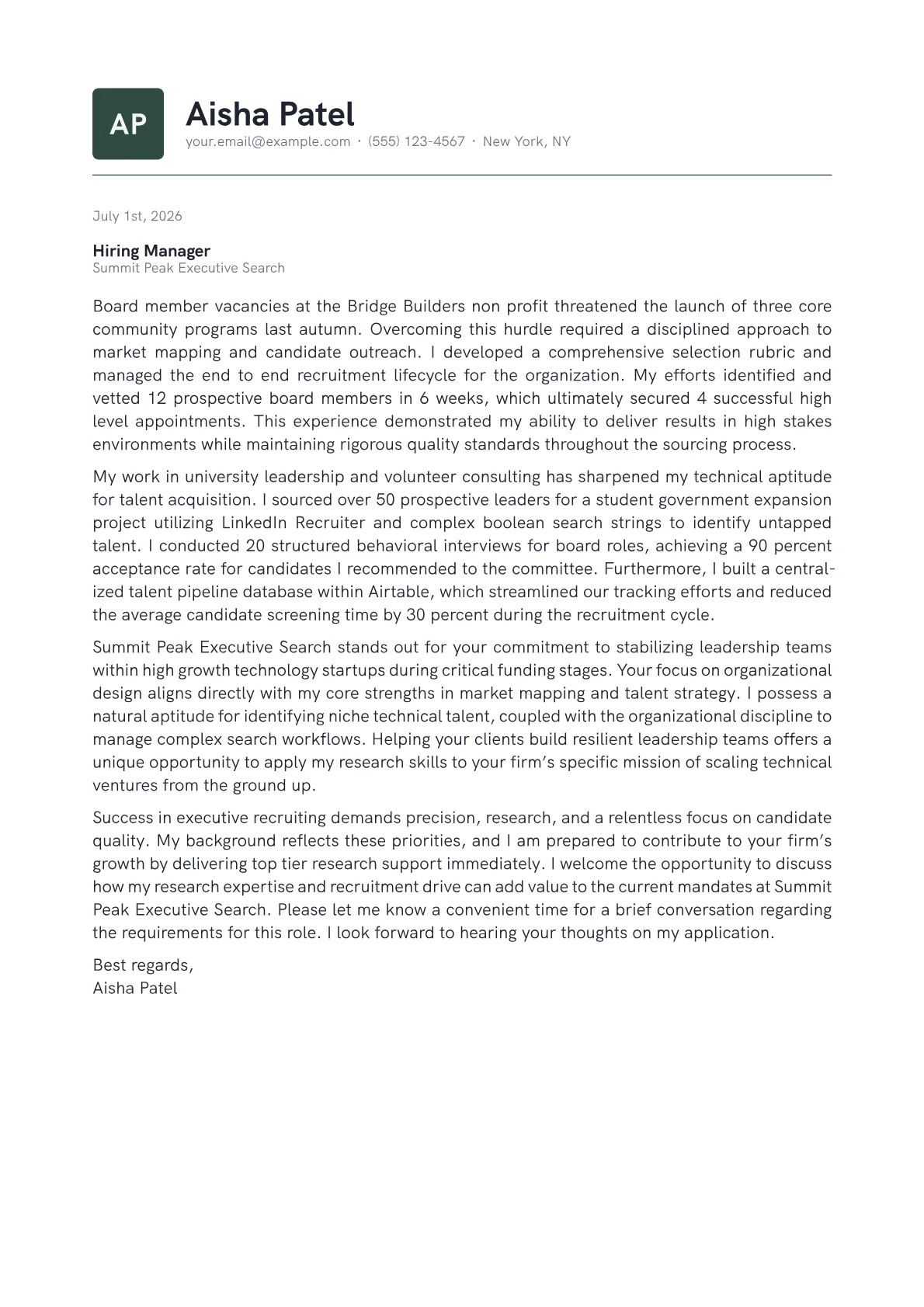Executive Recruiter cover letter in the Emblem design