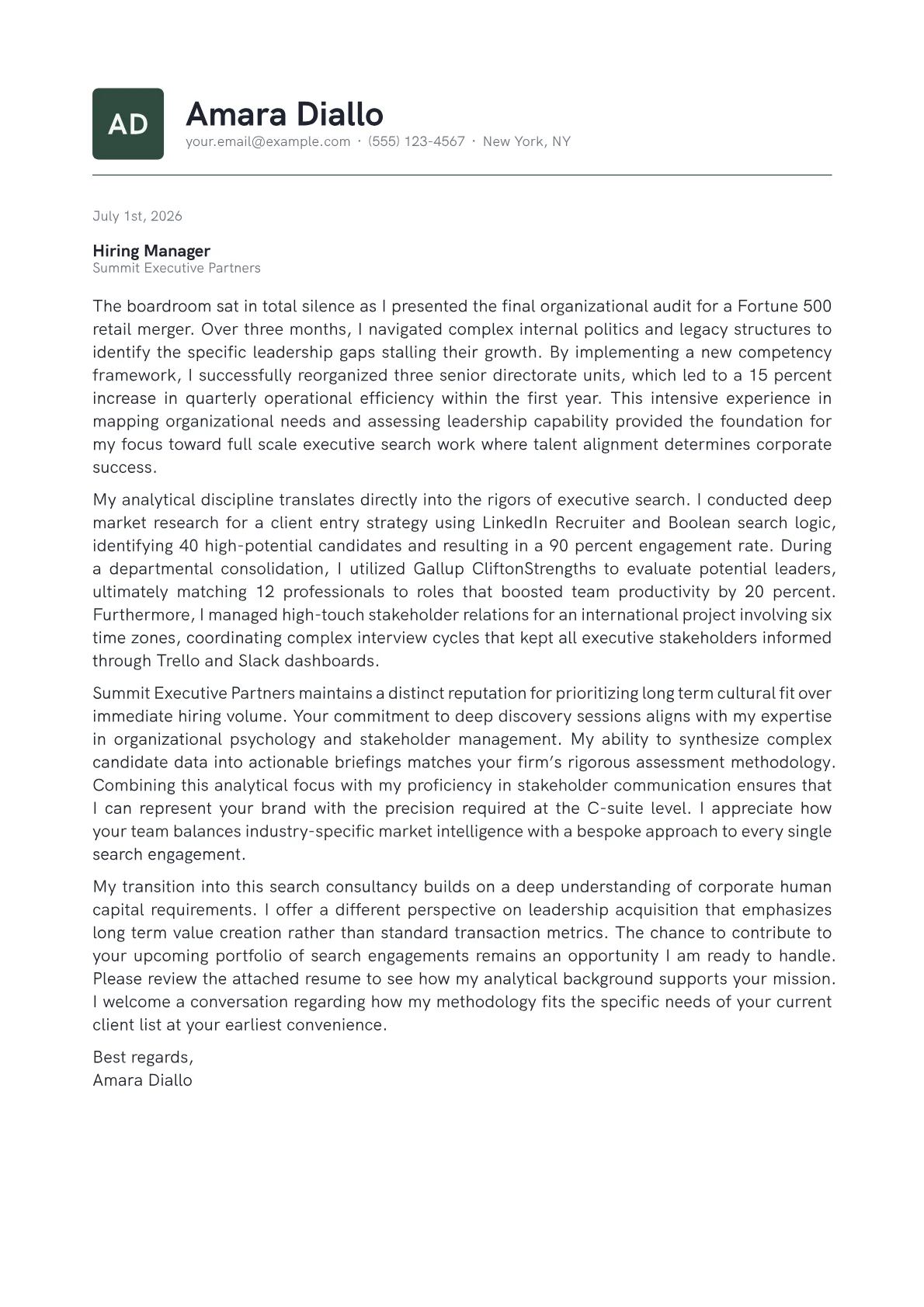 Executive Search Consultant cover letter in the Emblem design