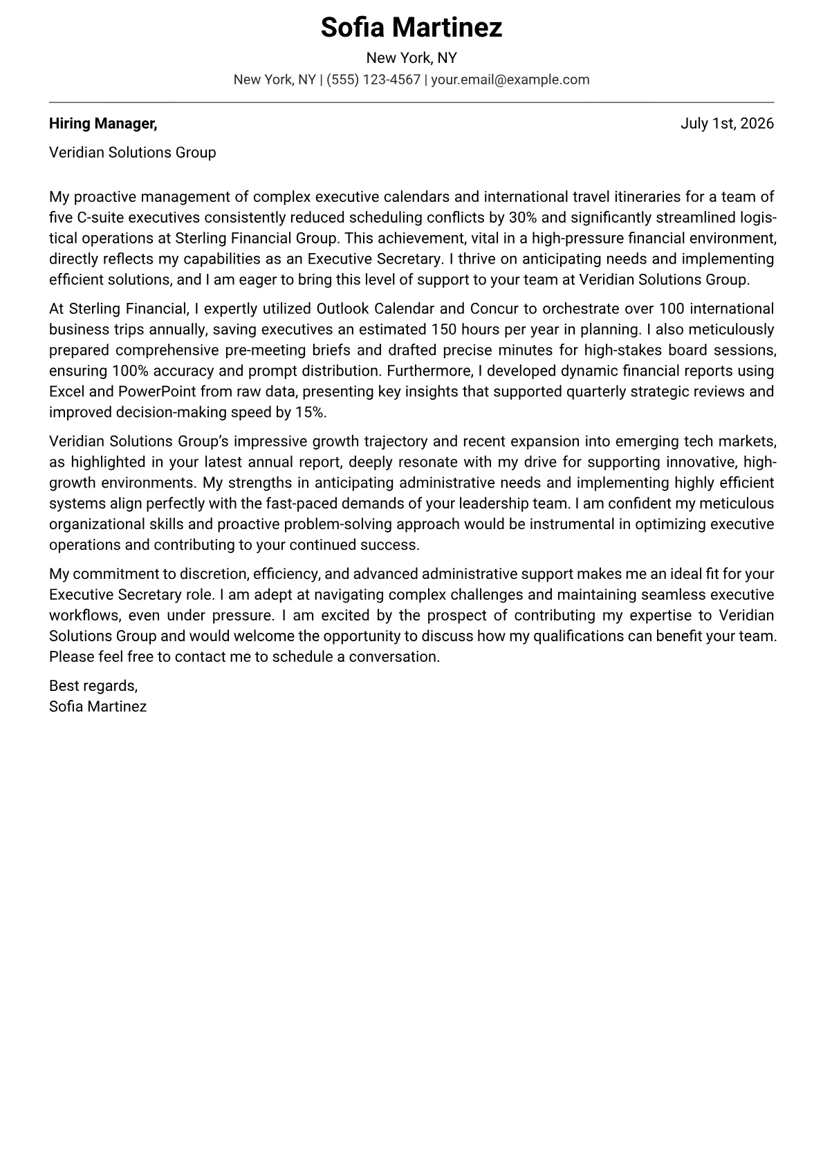 Executive Secretary cover letter formatted with a JobSprout template