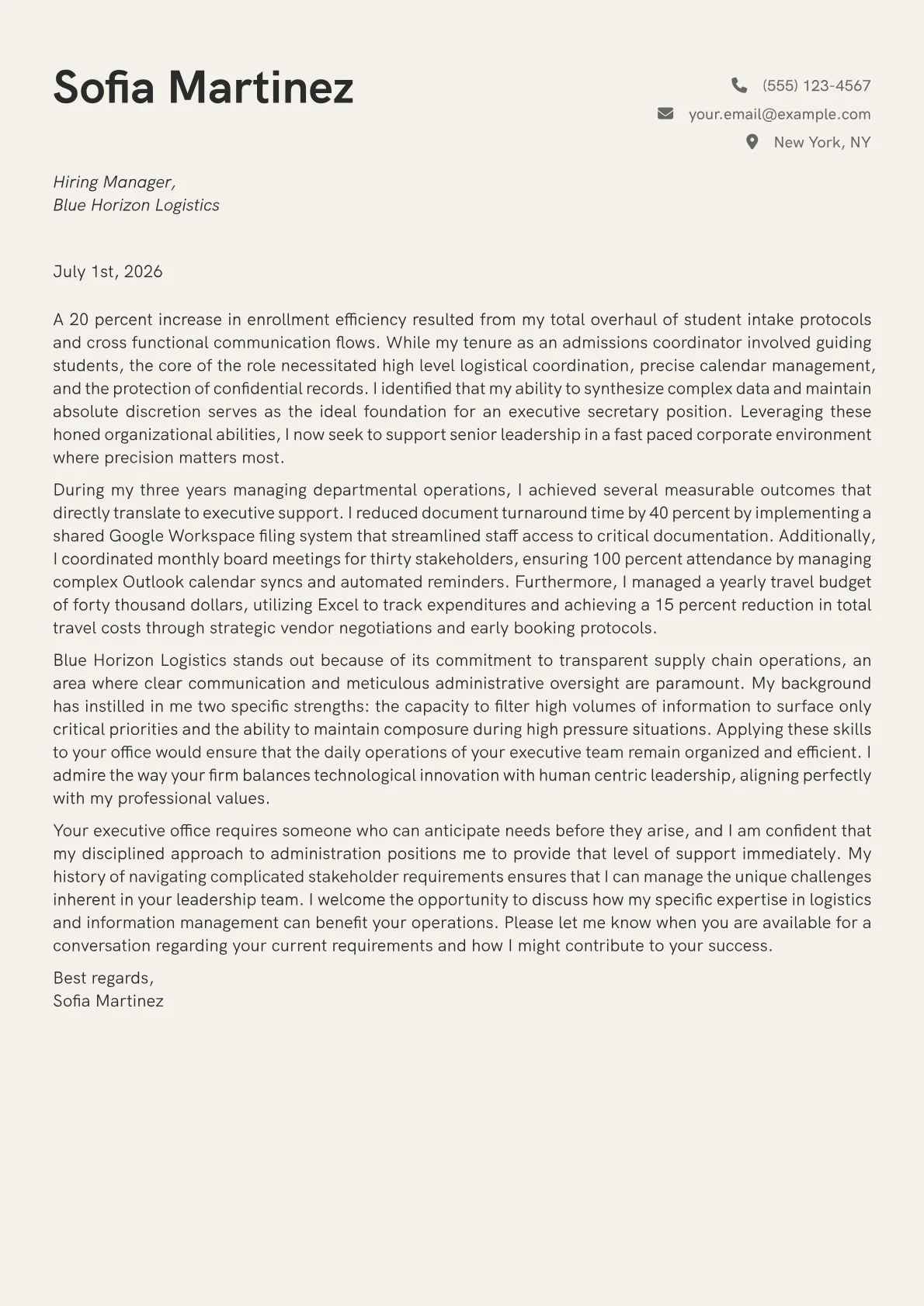 Executive Secretary cover letter in the Creative design