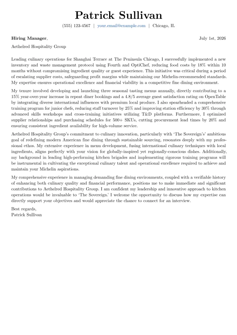 Executive Sous Chef cover letter example preview