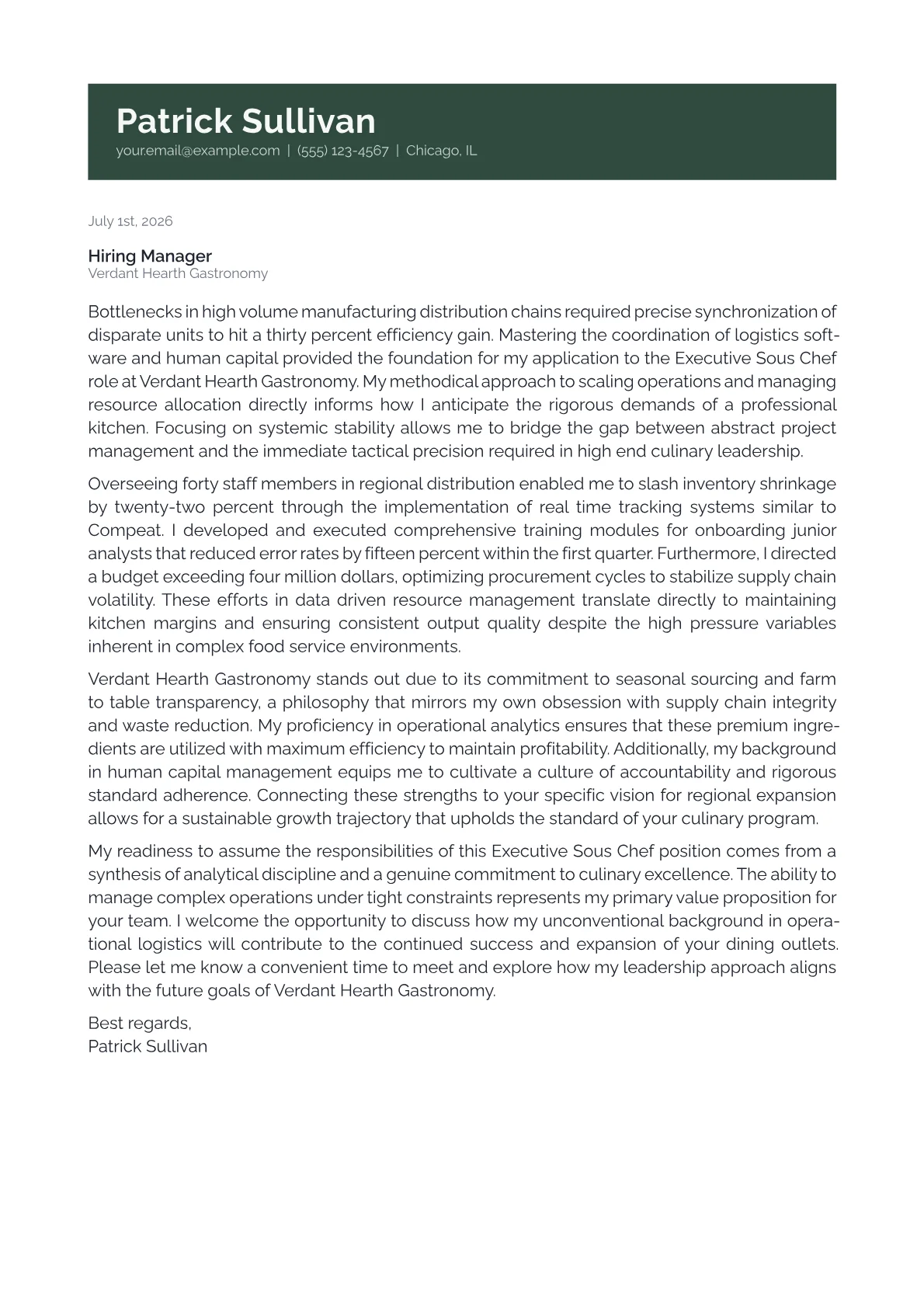 Executive Sous Chef cover letter in the Banner design