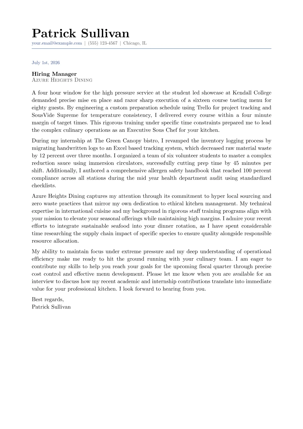 Executive Sous Chef cover letter in the Classic design