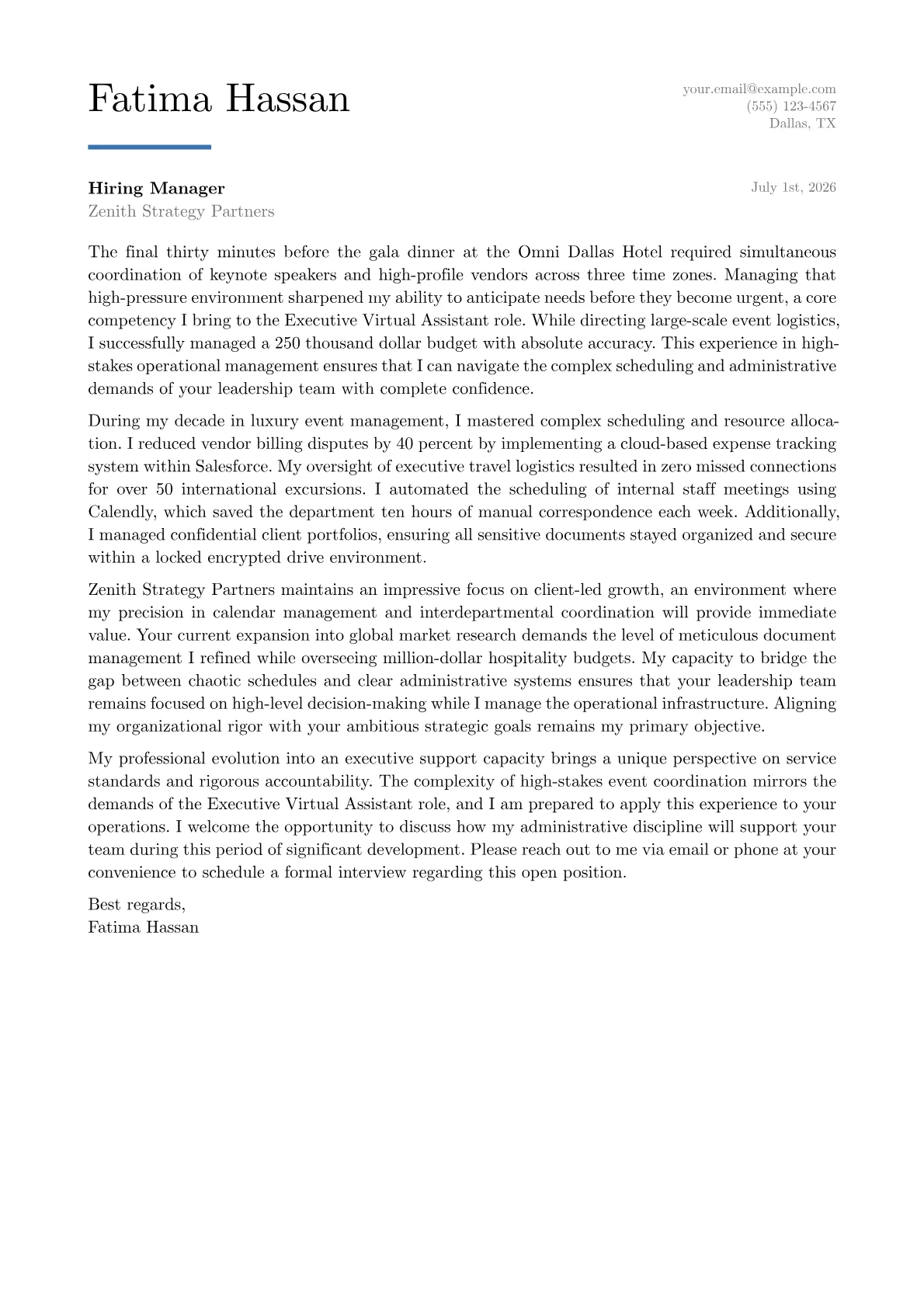 Executive Virtual Assistant cover letter in the Executive design