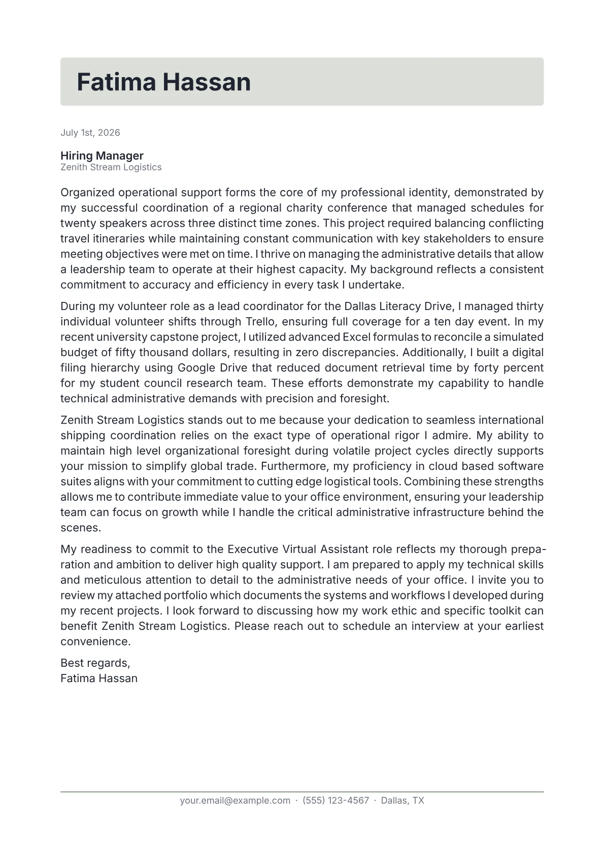 Executive Virtual Assistant cover letter in the Letterhead design