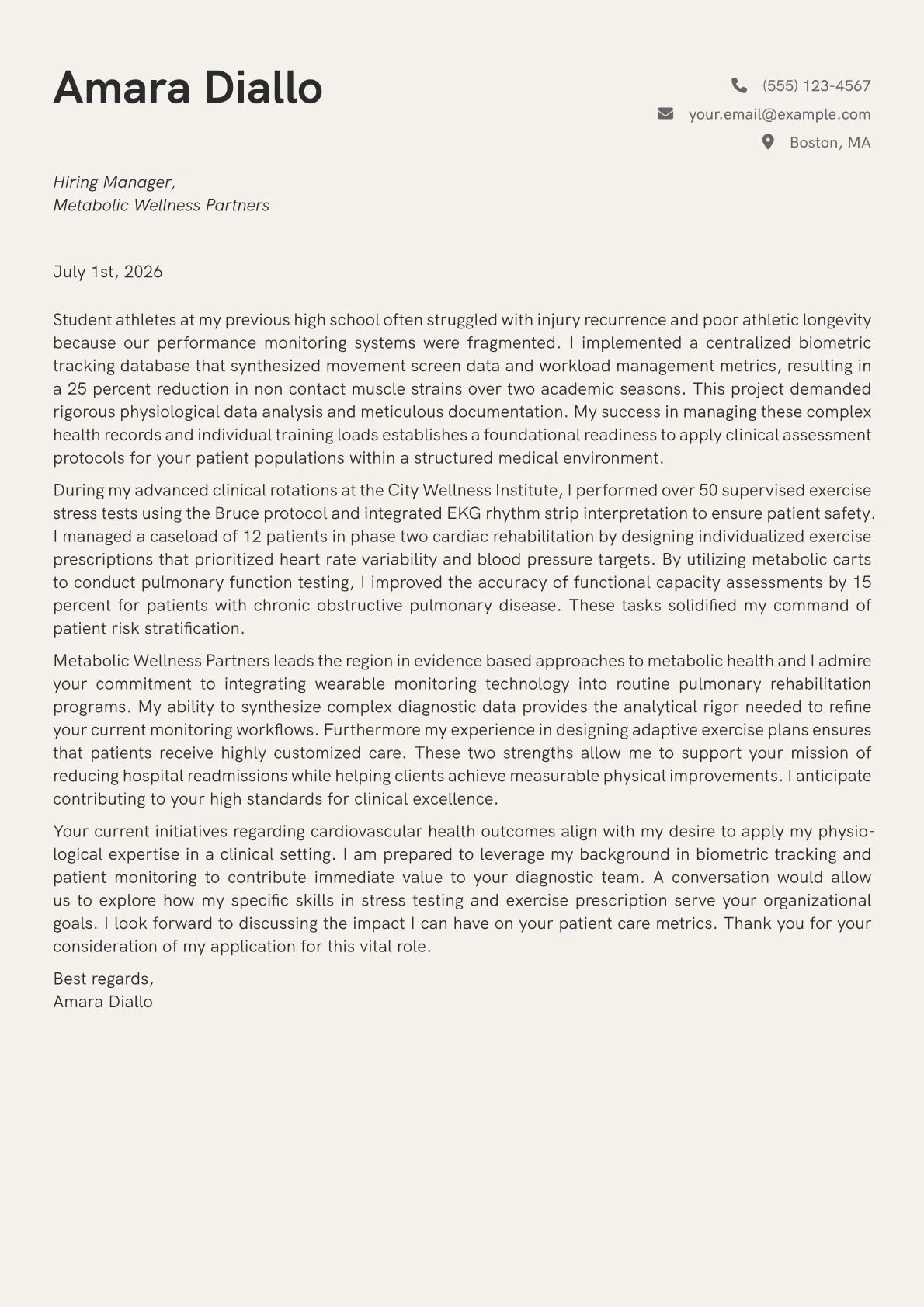 Exercise Physiologist cover letter in the Creative design