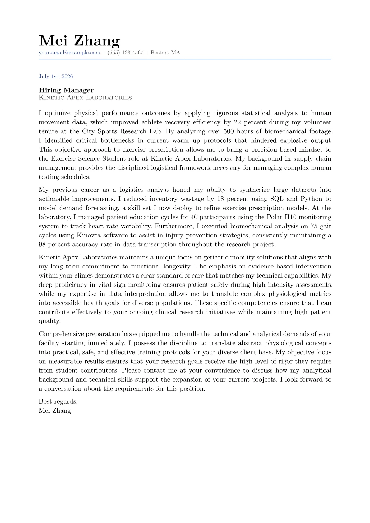 Exercise Science Student cover letter in the Classic design
