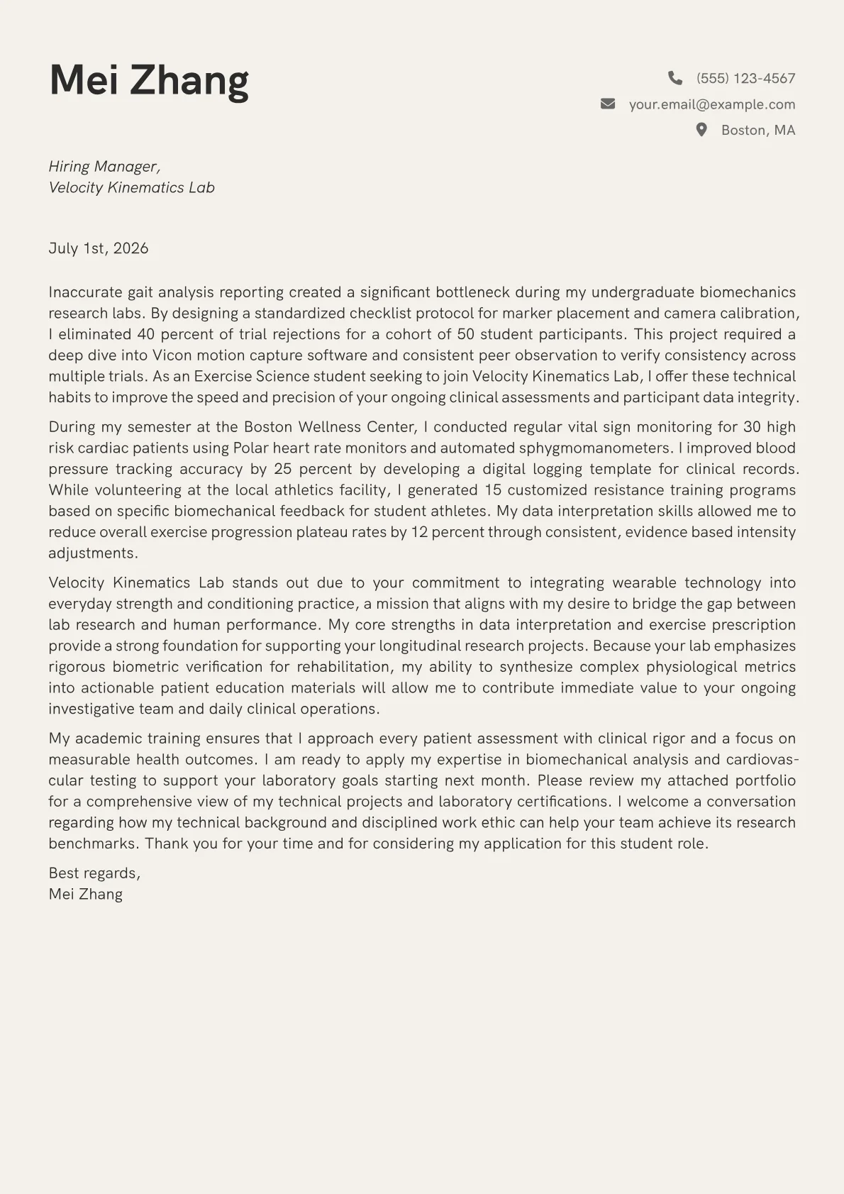 Exercise Science Student cover letter in the Creative design