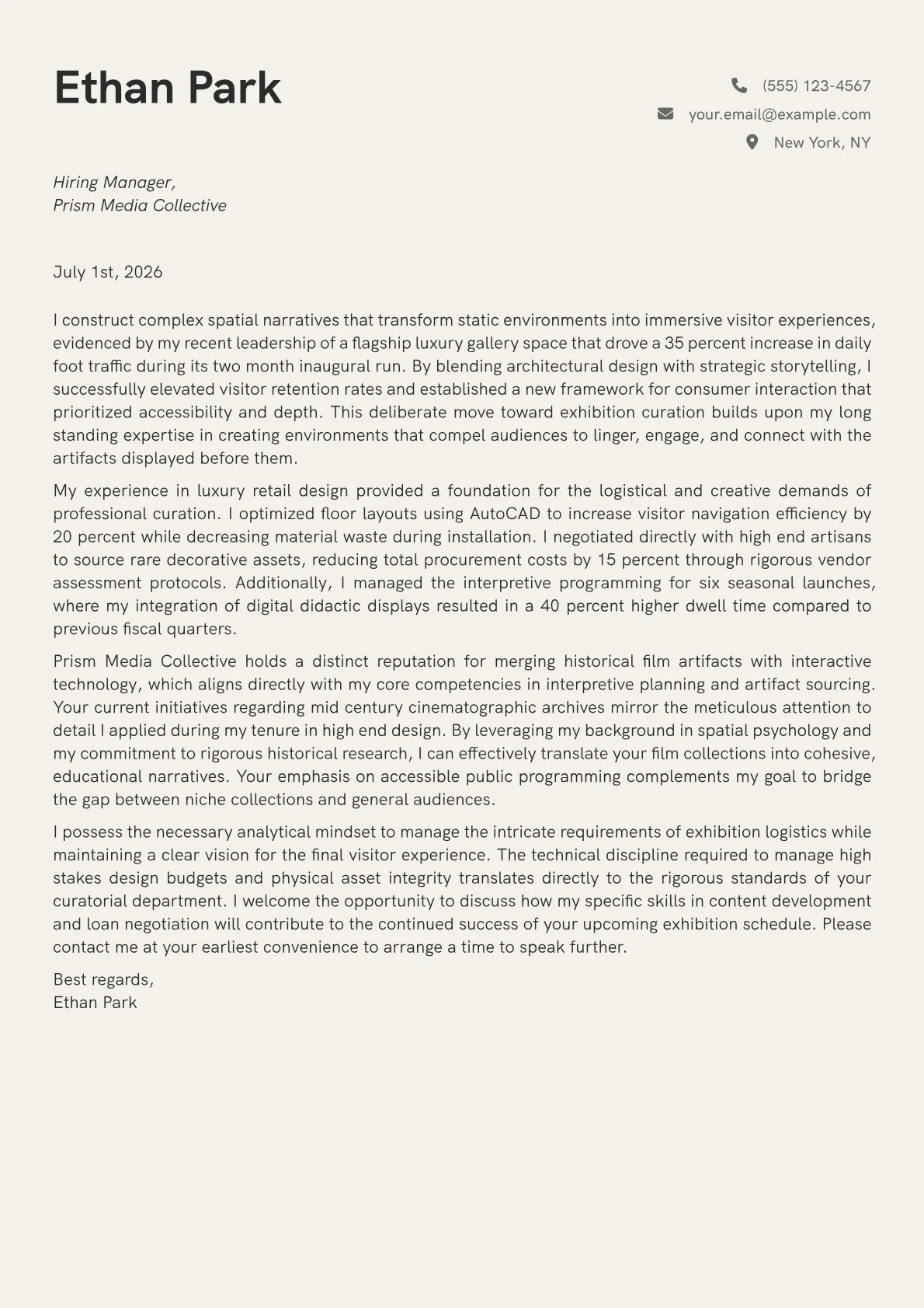 Exhibition Curator cover letter in the Creative design