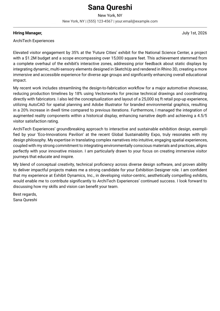 Exhibition Designer cover letter example