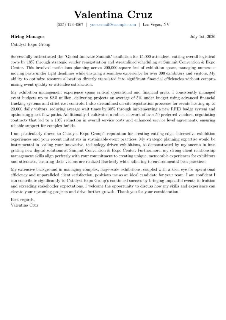 Exhibition Manager cover letter example