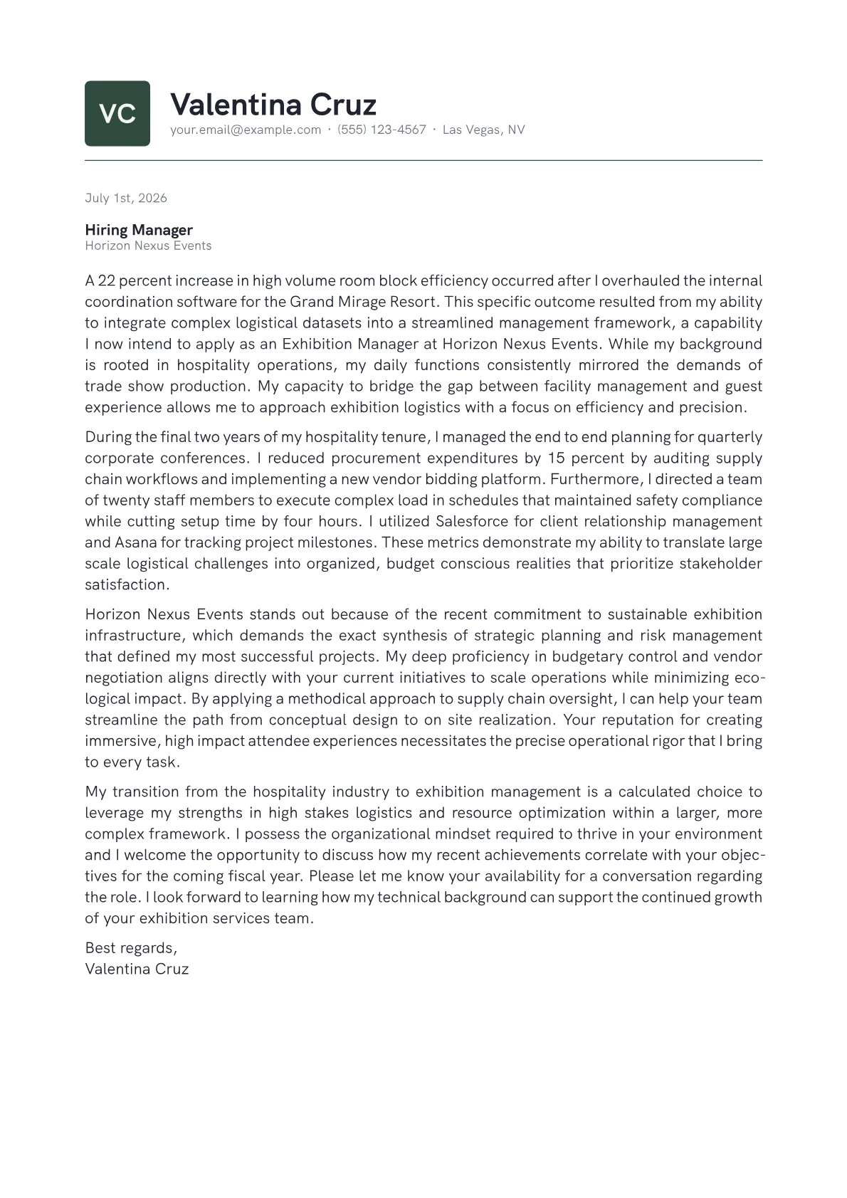 Exhibition Manager cover letter in the Emblem design