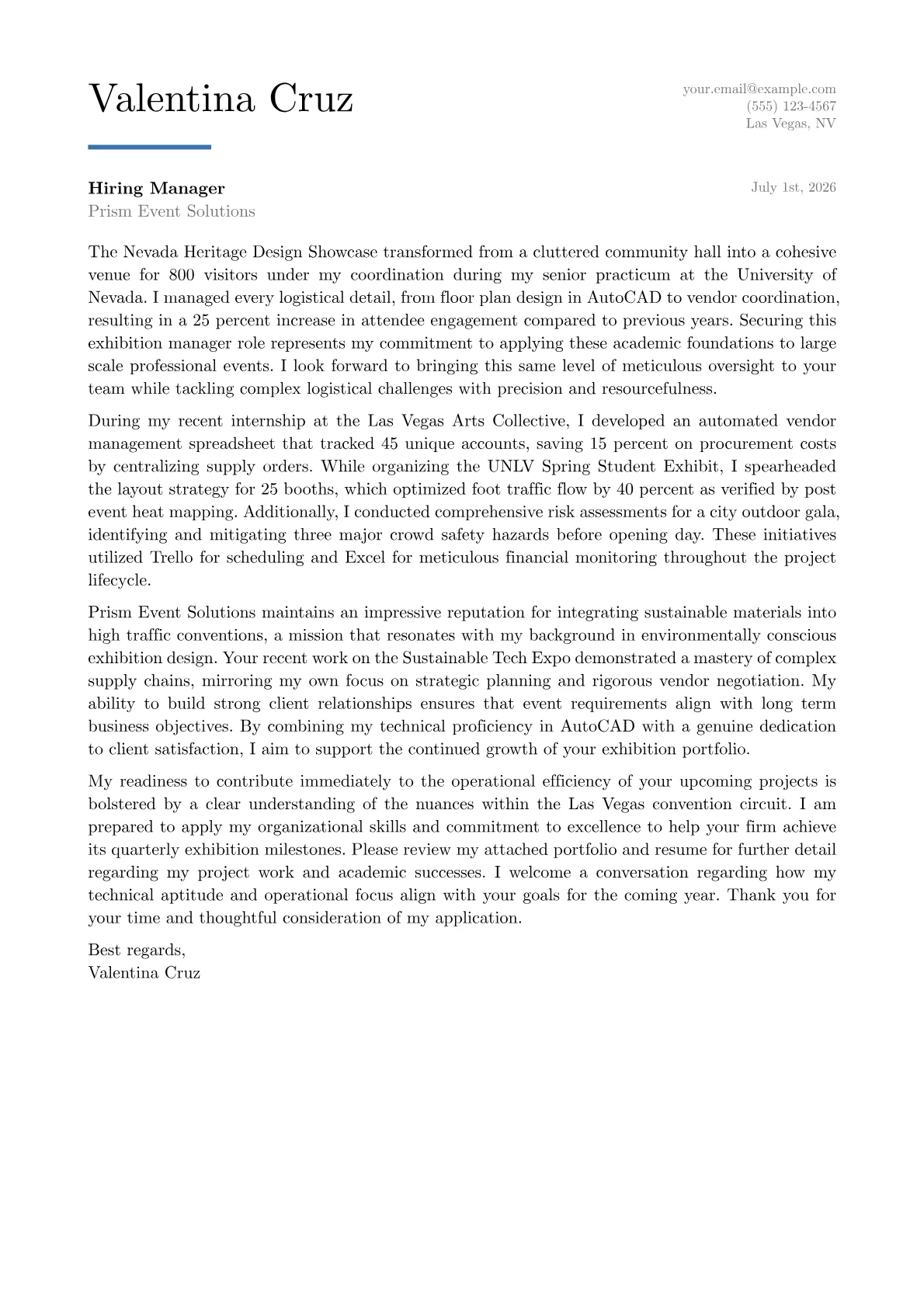 Exhibition Manager cover letter in the Executive design