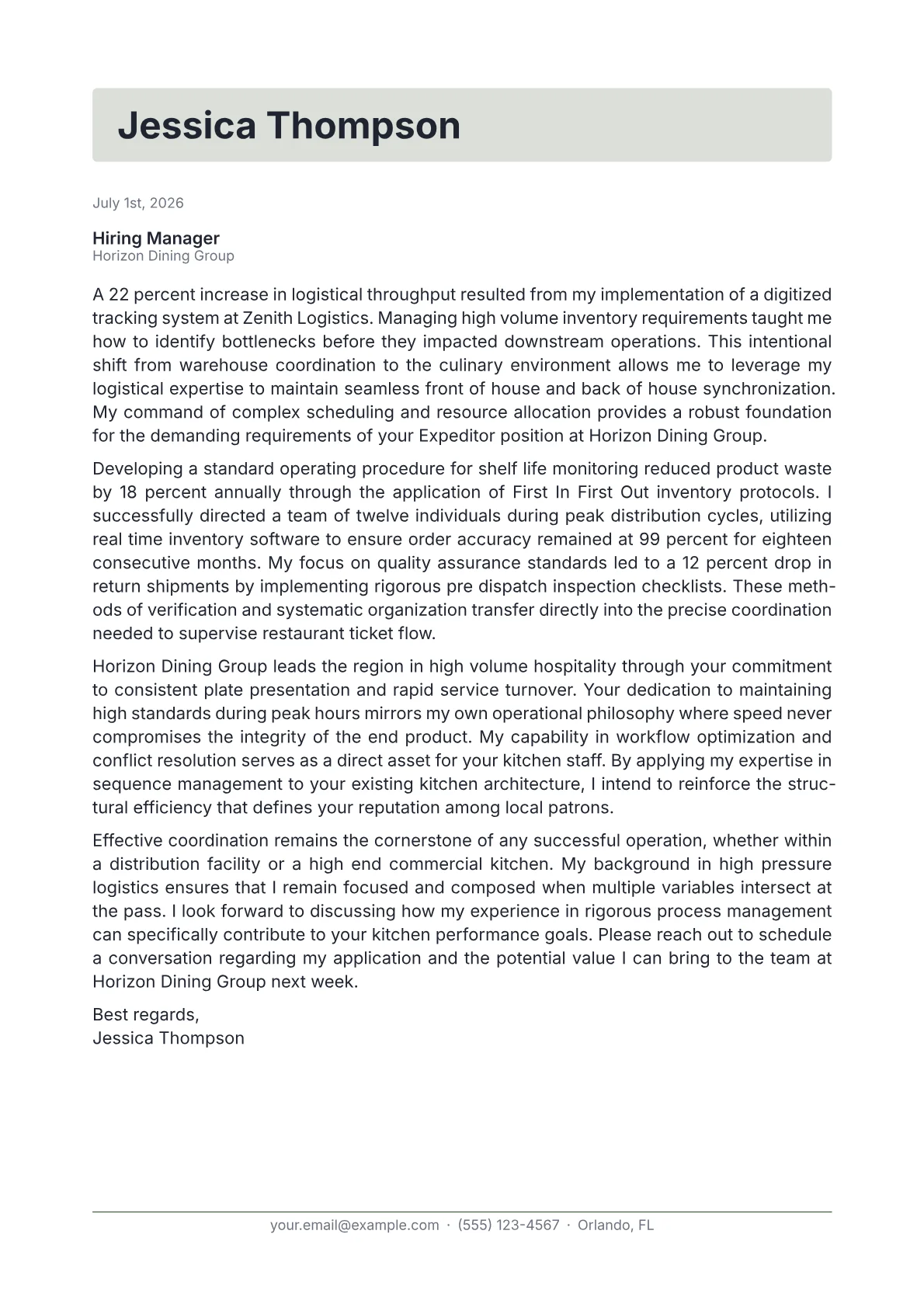 Expeditor cover letter in the Letterhead design