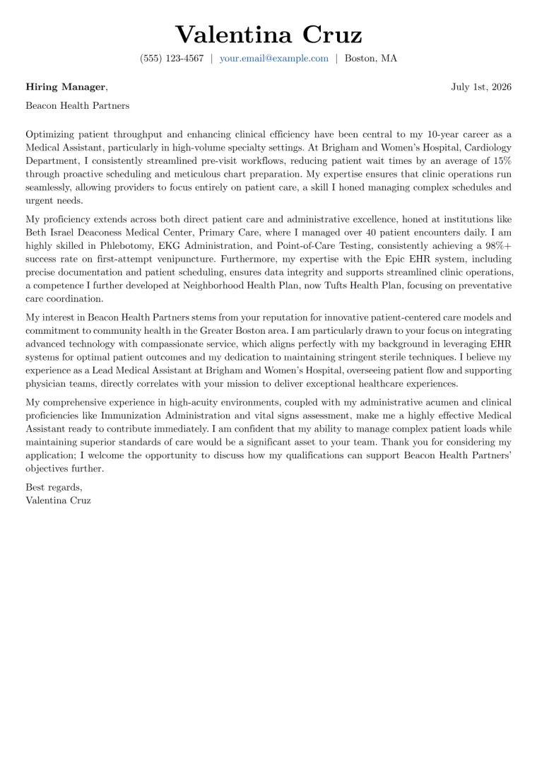 Experienced Medical Assistant Cover Letter Example