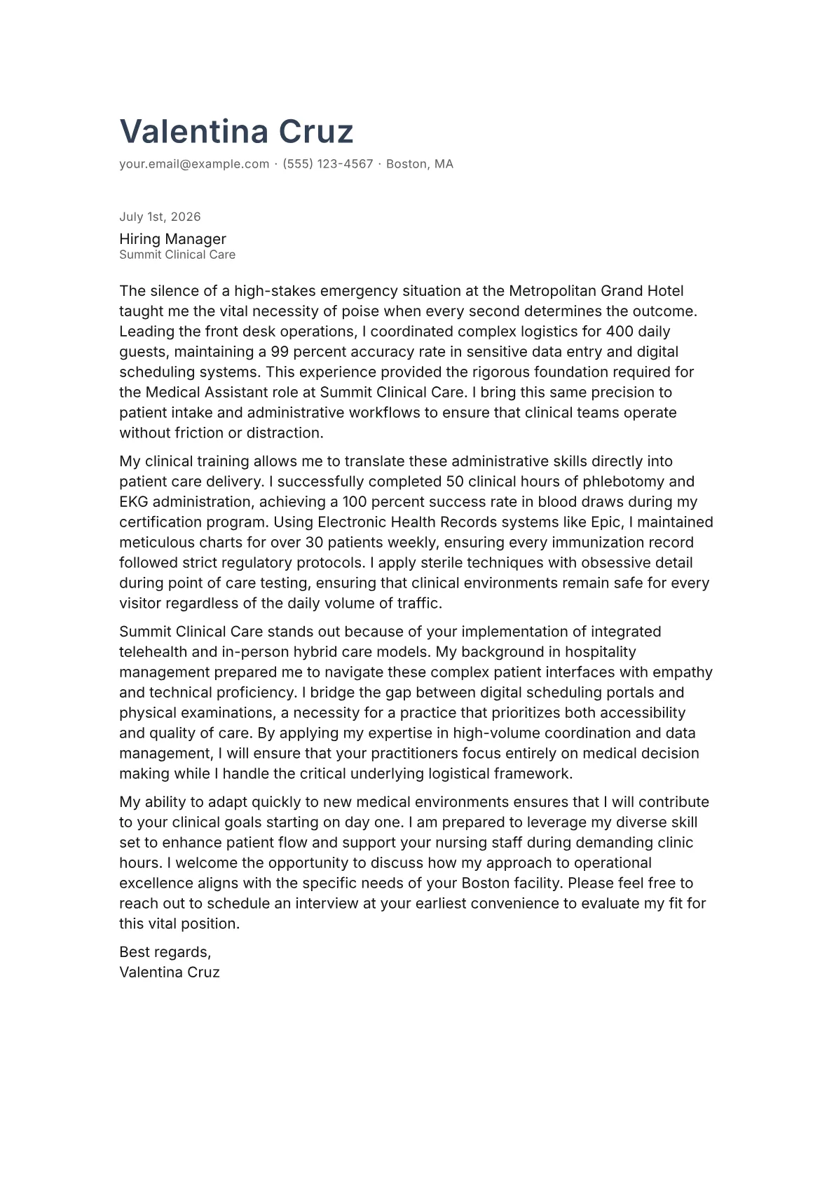 Experienced Medical Assistant cover letter in the Minimal design