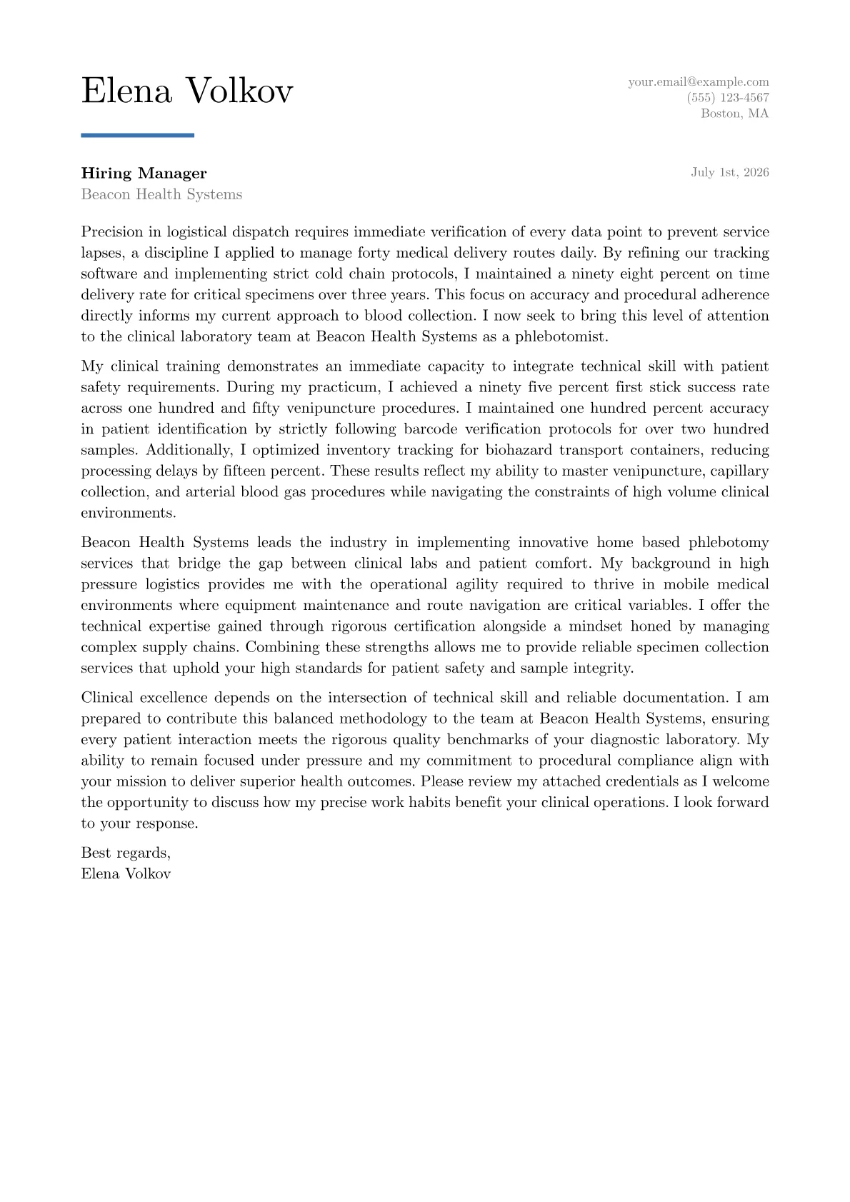 Experienced Phlebotomist Cover Letter Example (2026)