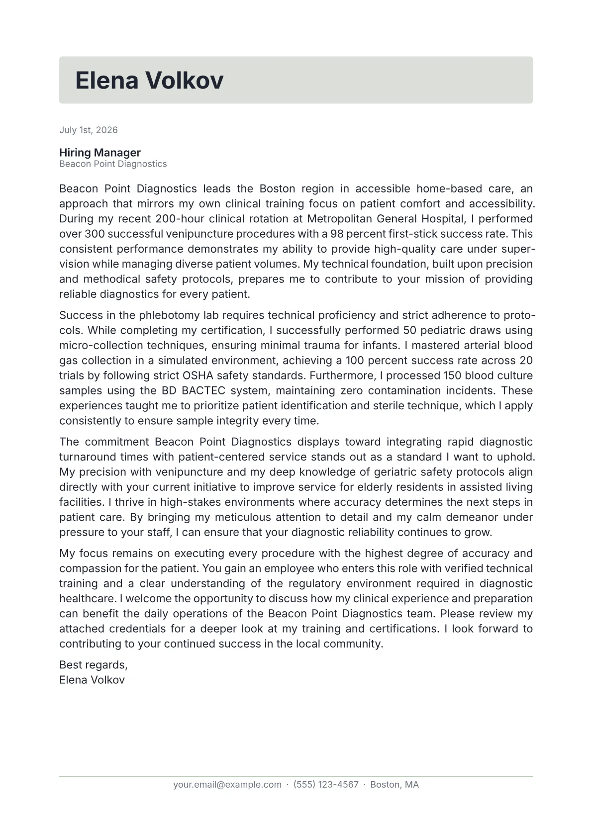 Experienced Phlebotomist cover letter in the Letterhead design