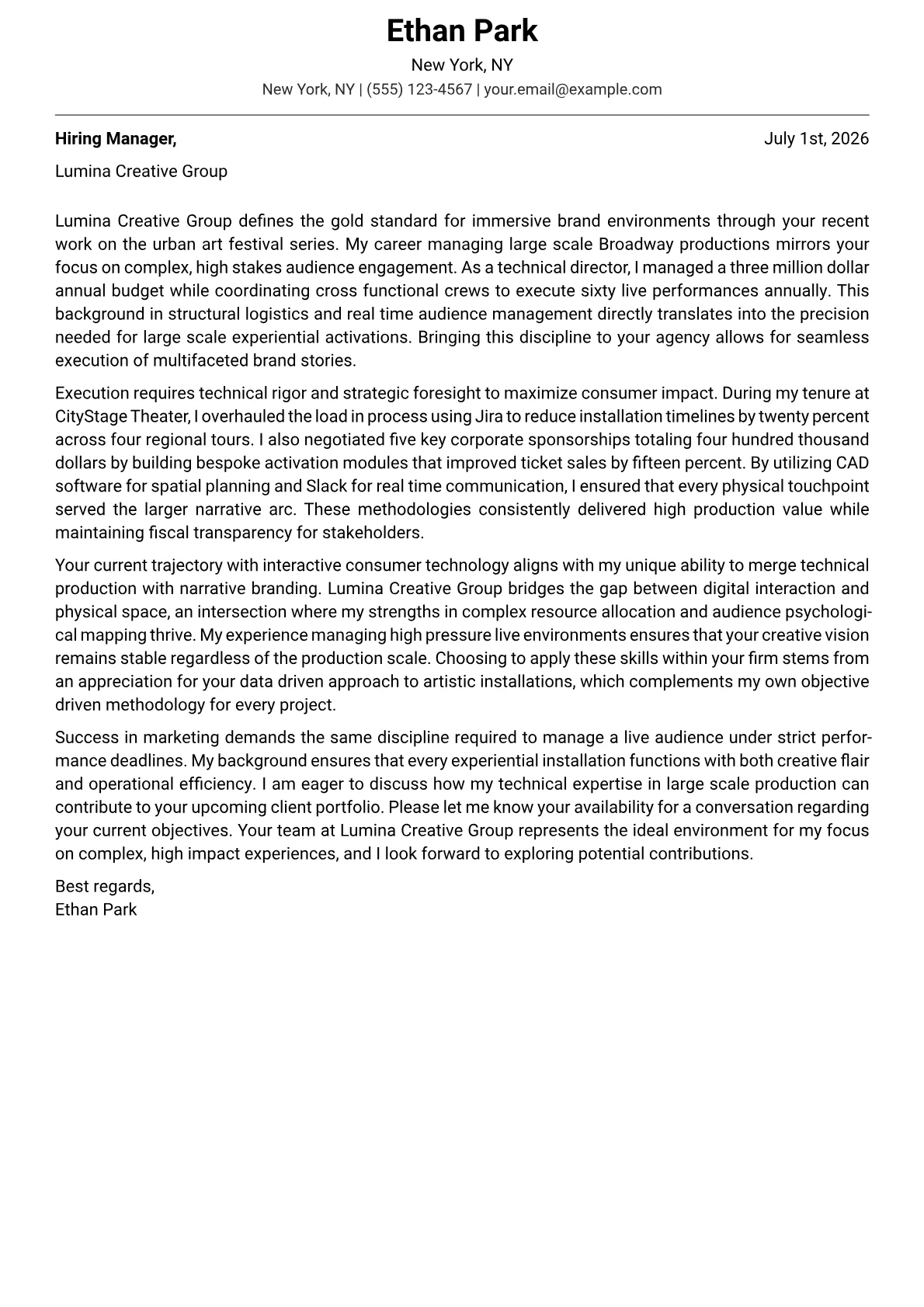 Experiential Marketing Director cover letter in the Modern design