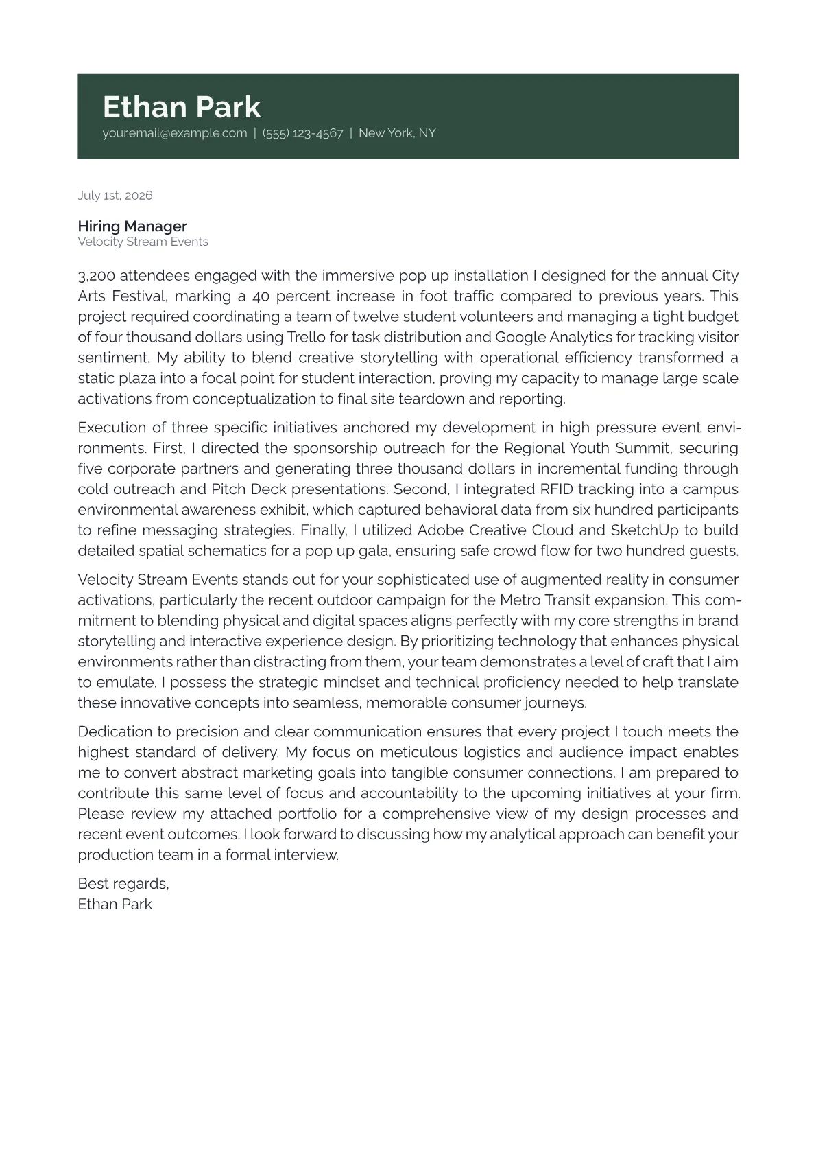 Experiential Marketing Director cover letter in the Banner design