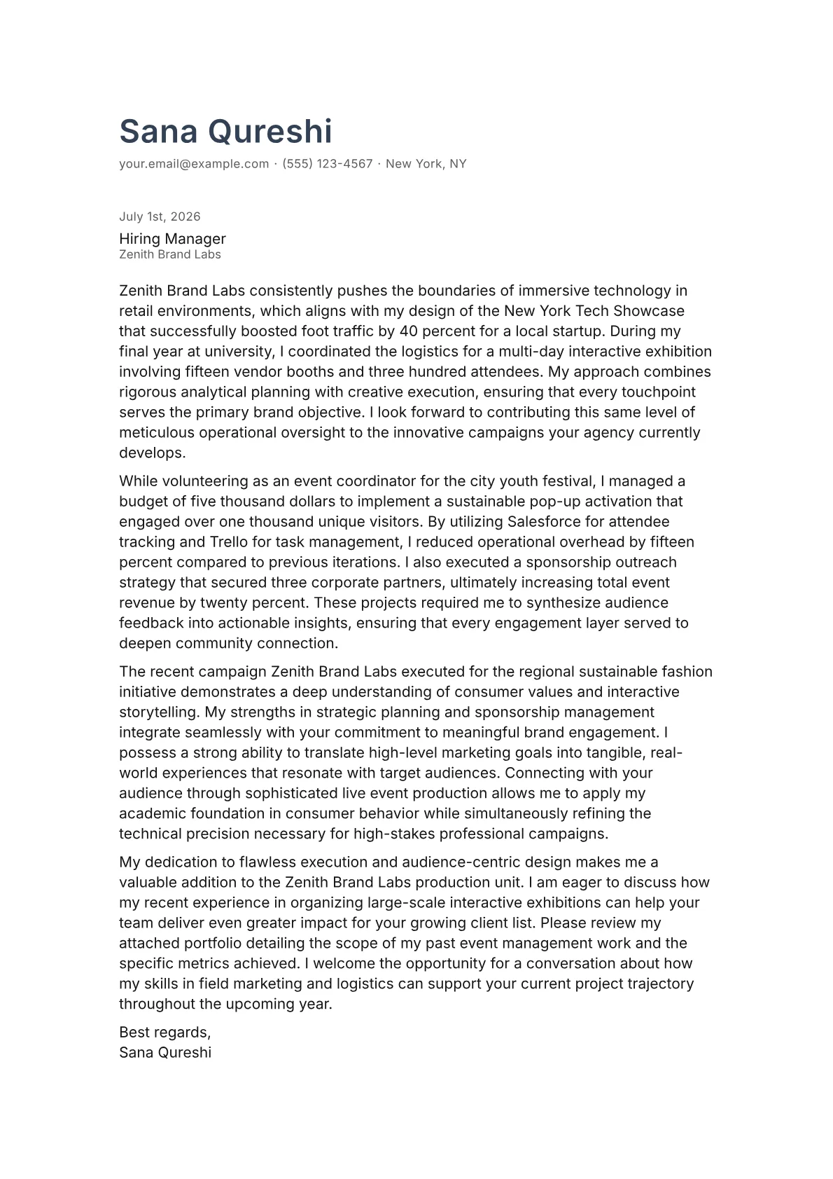 Experiential Marketing Manager cover letter in the Minimal design