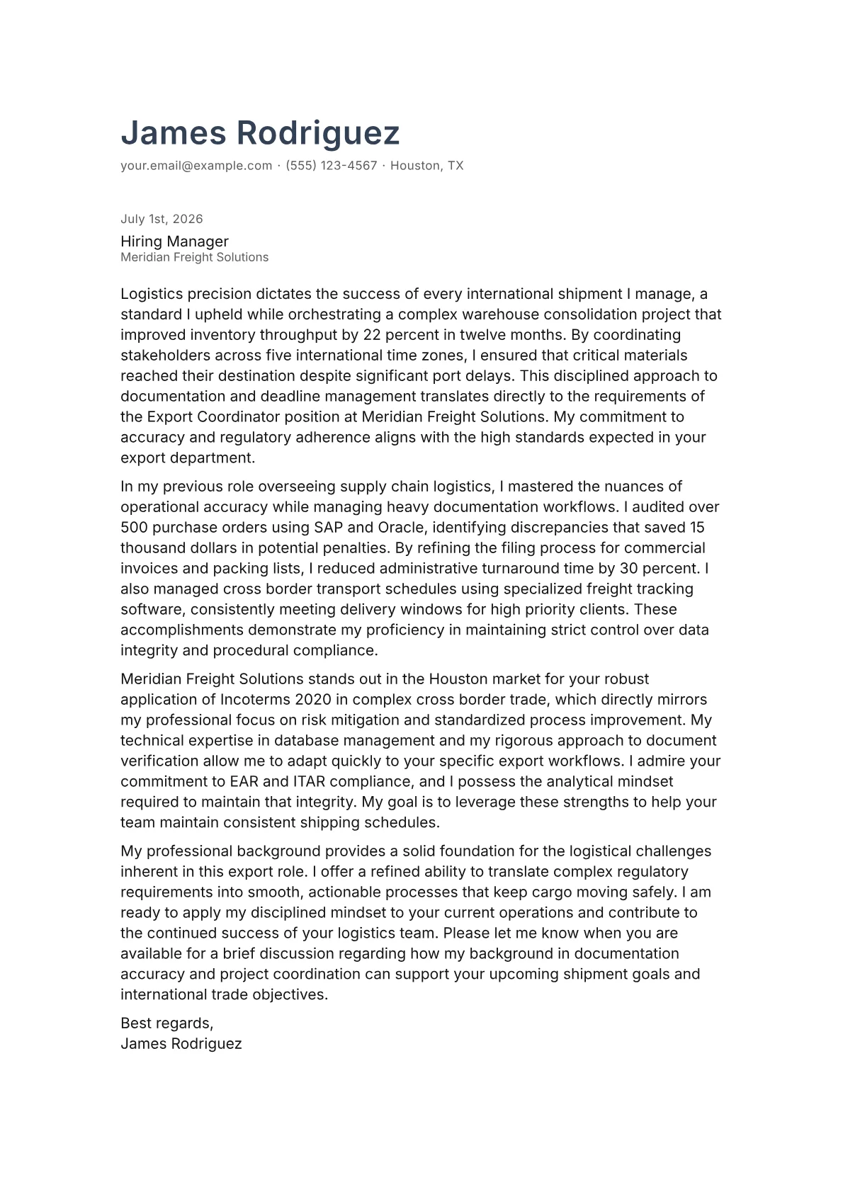 Export Coordinator cover letter in the Minimal design