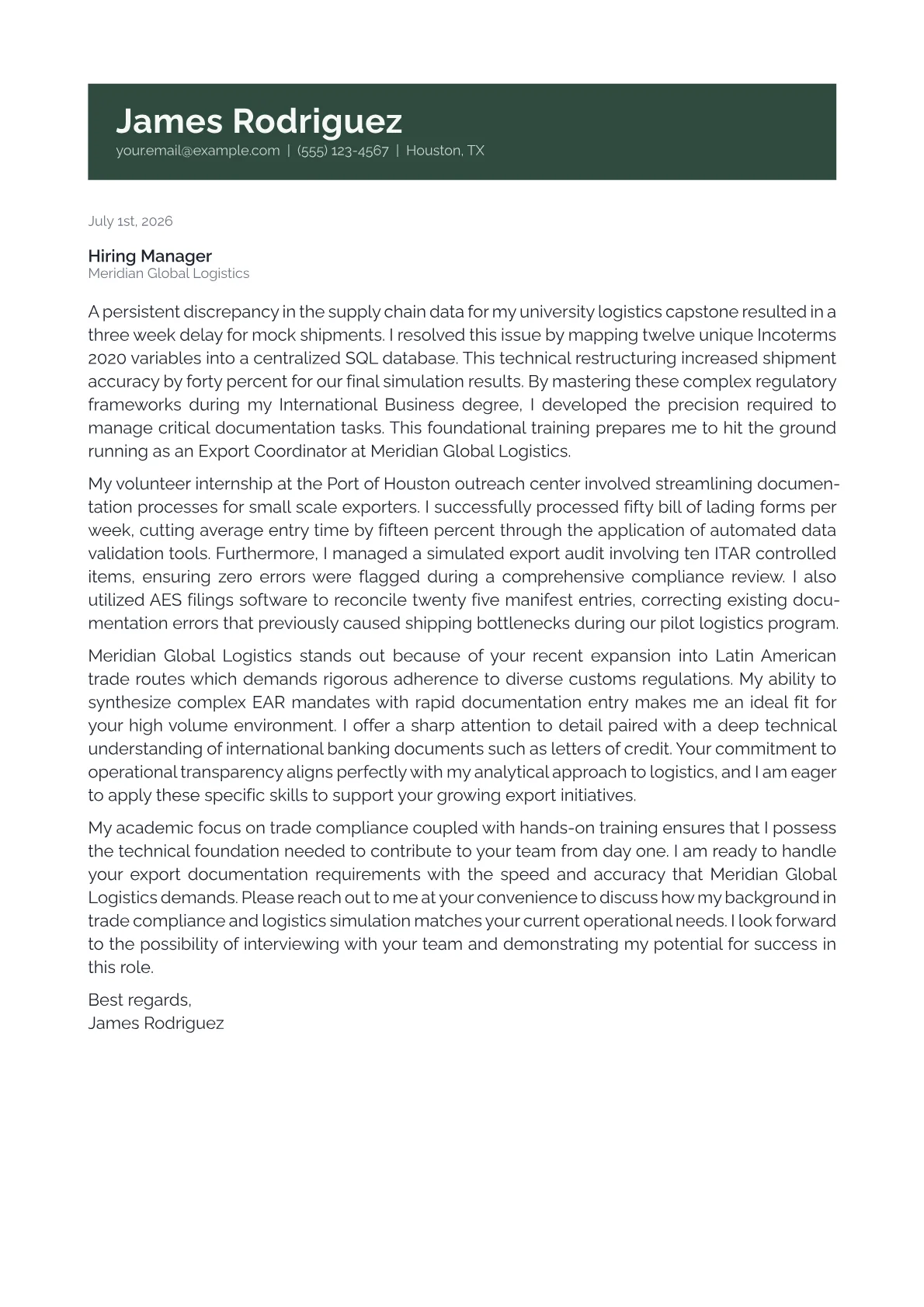 Export Coordinator cover letter in the Banner design