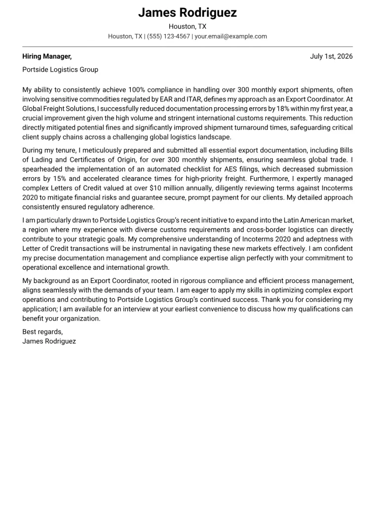 Export Coordinator cover letter example