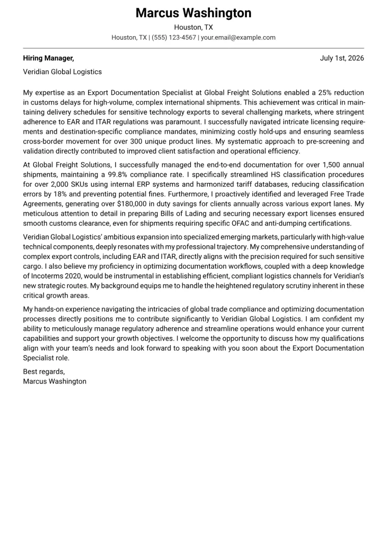 Export Documentation Specialist cover letter example