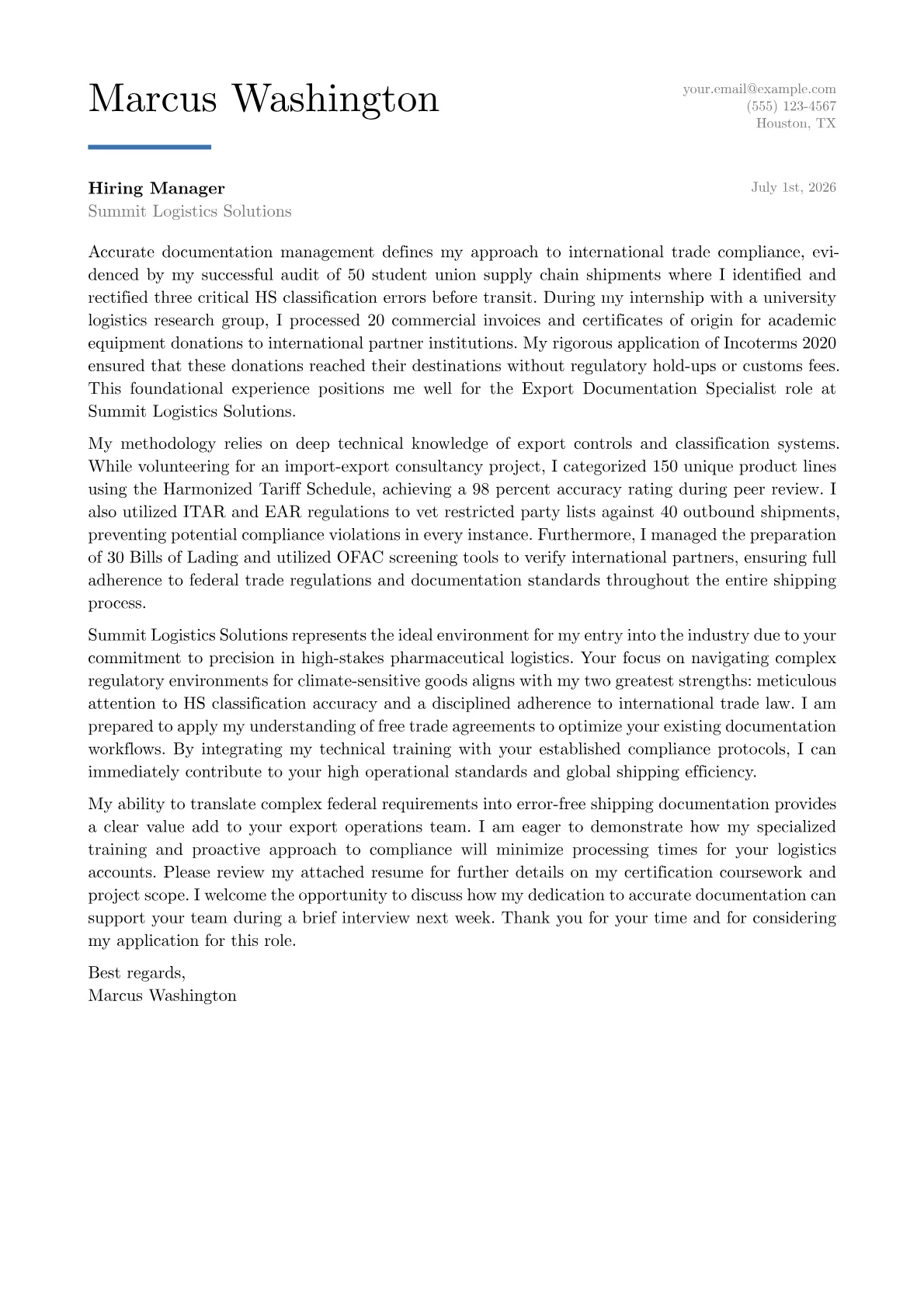 Export Documentation Specialist cover letter in the Executive design