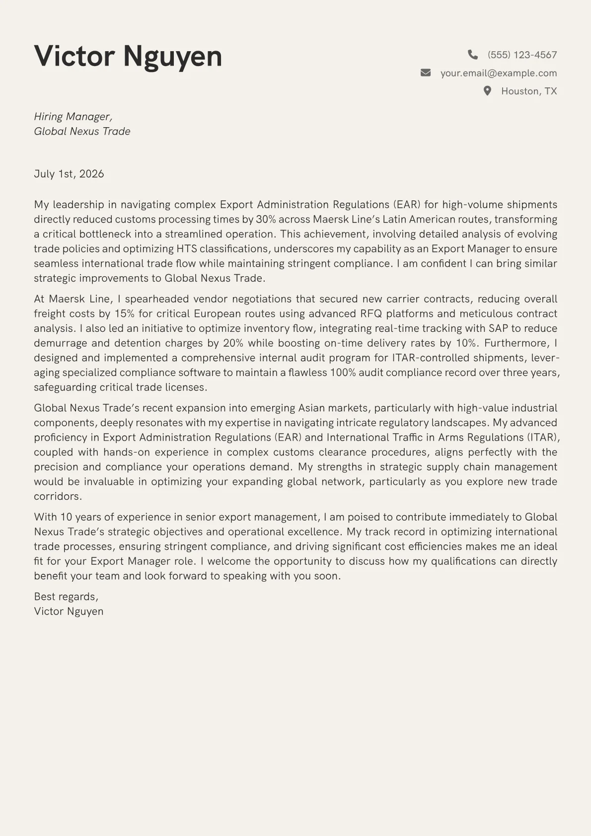 Export Manager cover letter formatted with a JobSprout template