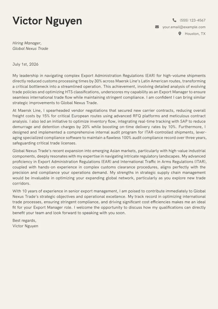 Export Manager cover letter example preview