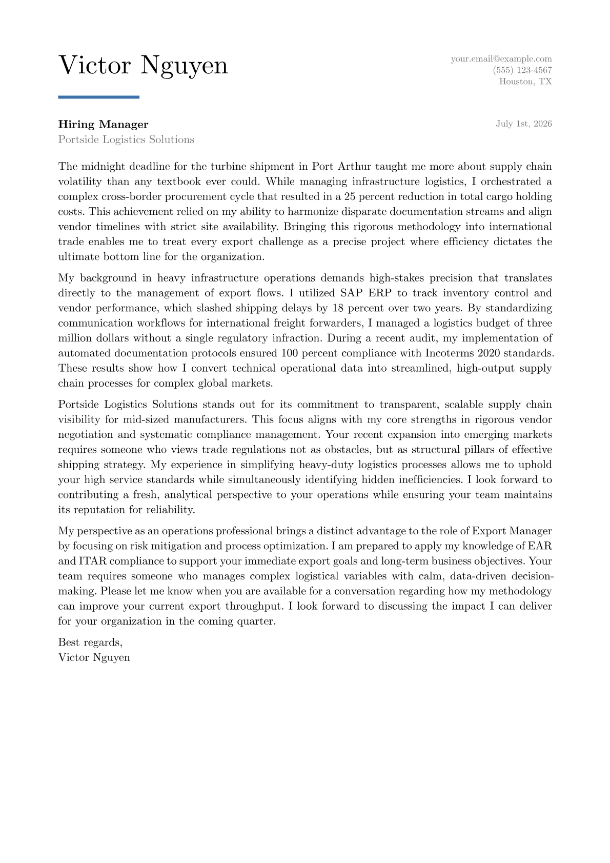 Export Manager cover letter in the Executive design