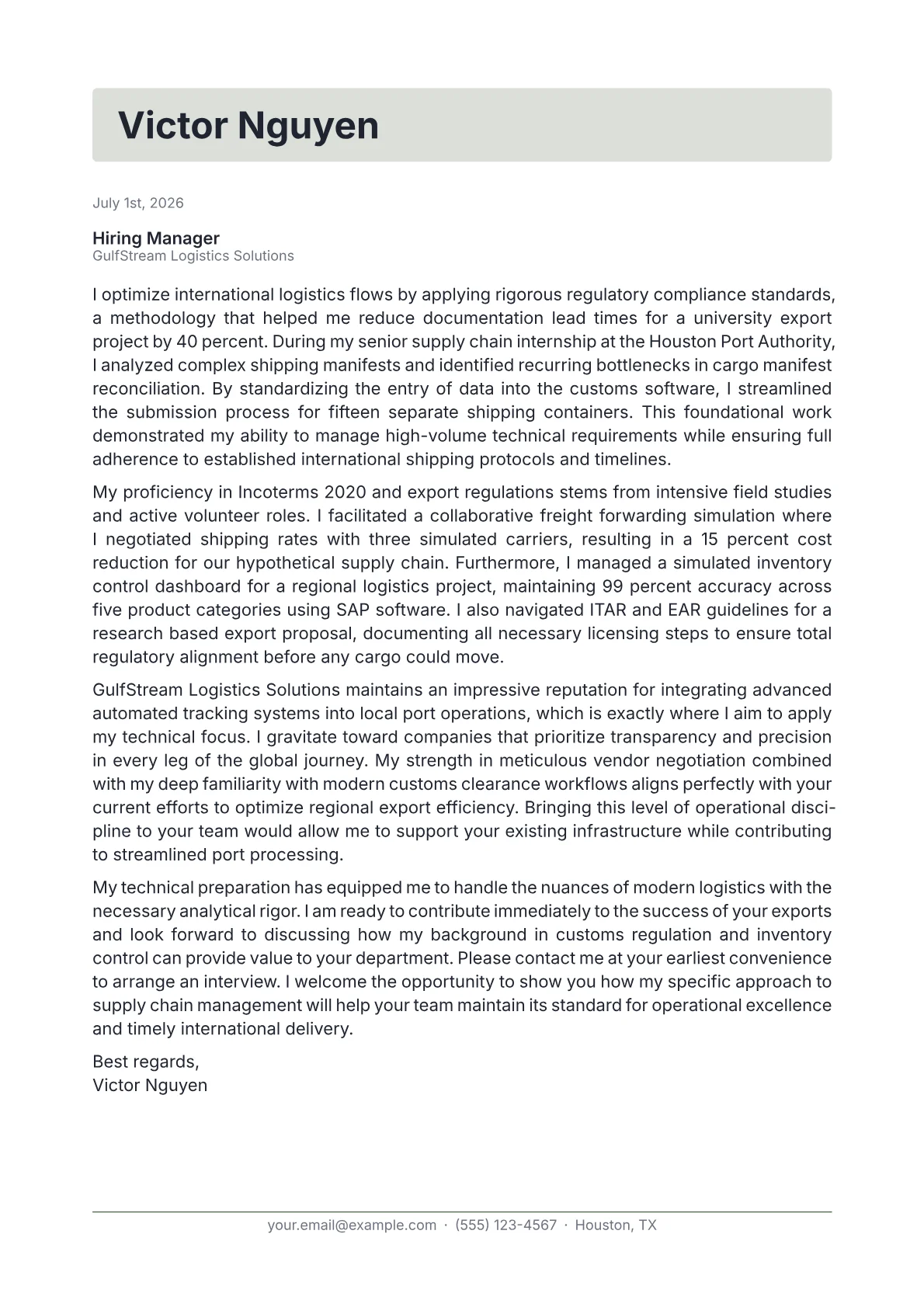 Export Manager cover letter in the Letterhead design