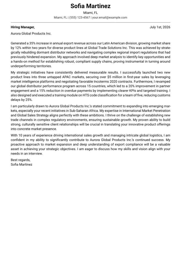 Export Sales Manager cover letter example preview