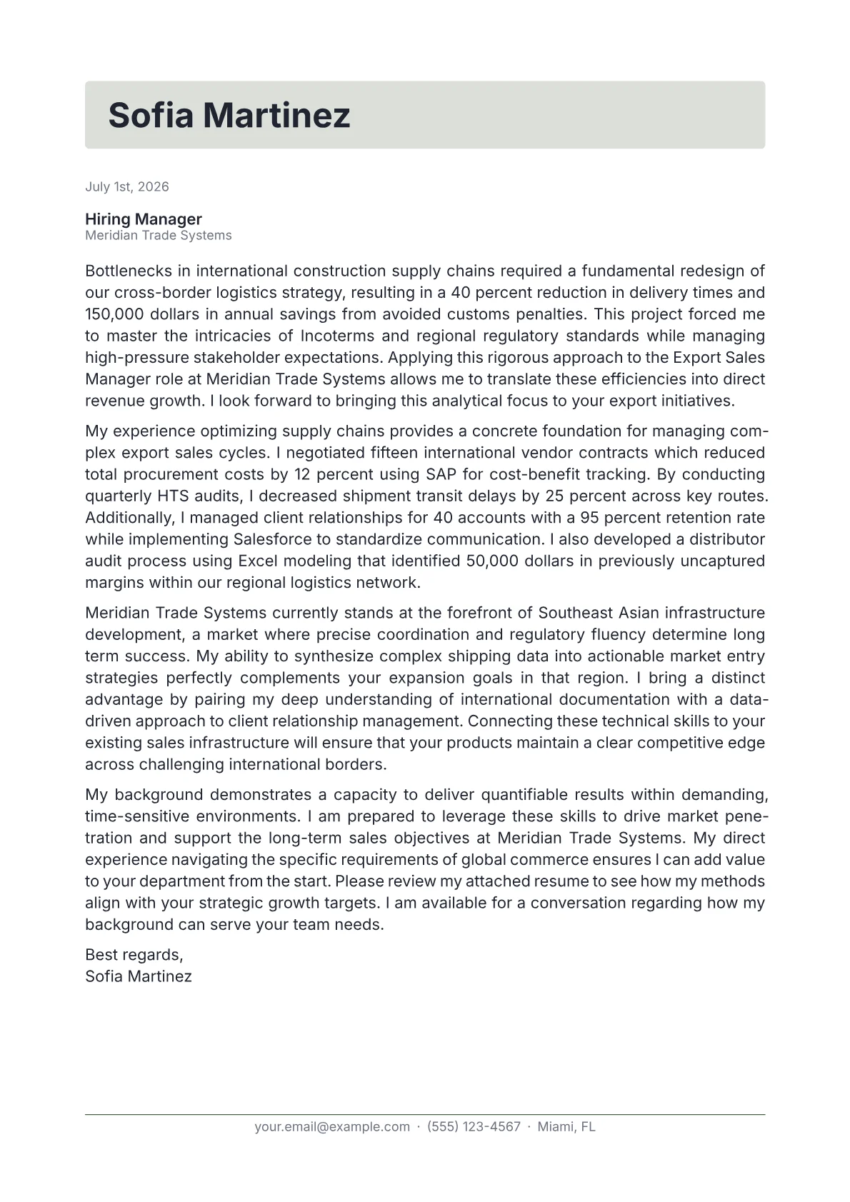 Export Sales Manager cover letter in the Letterhead design