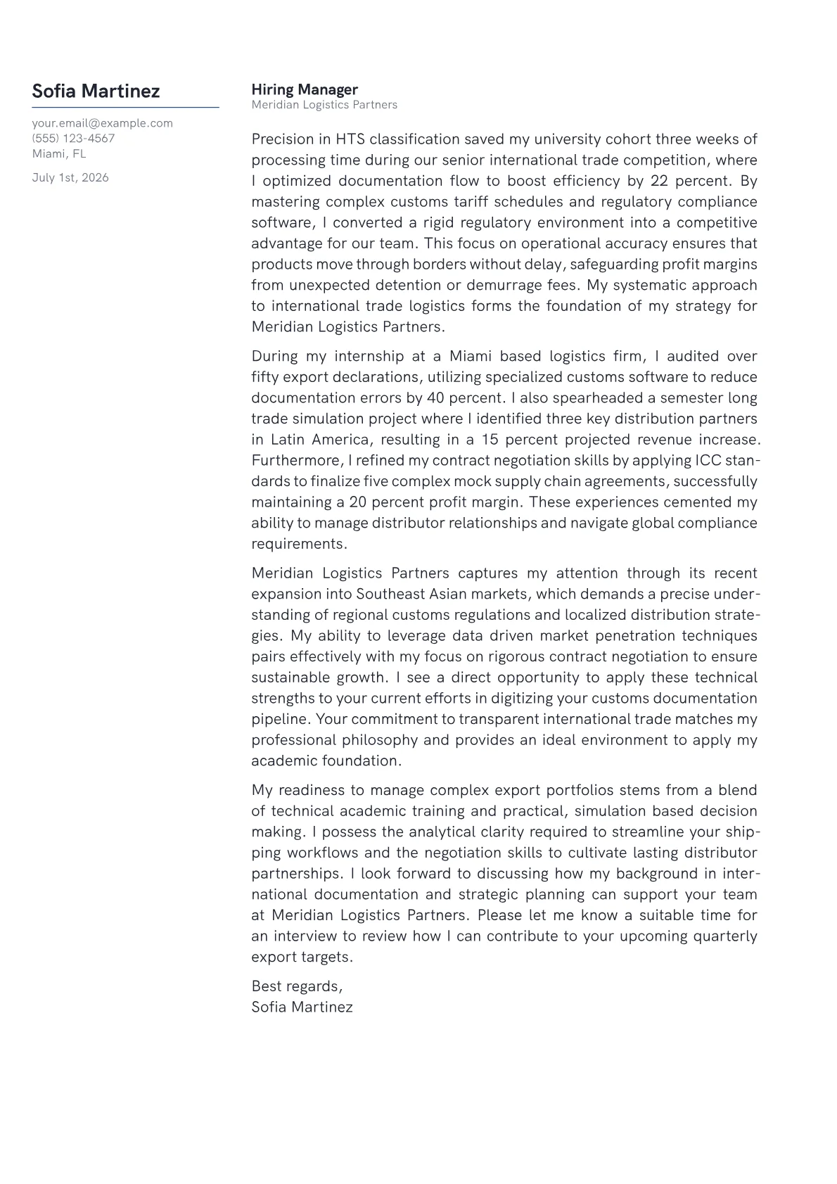 Export Sales Manager cover letter in the Margin design