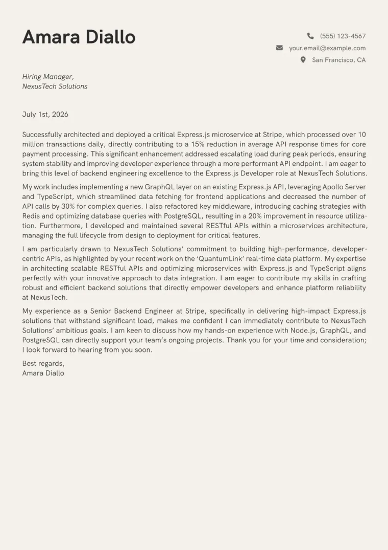 Express.js Developer cover letter example