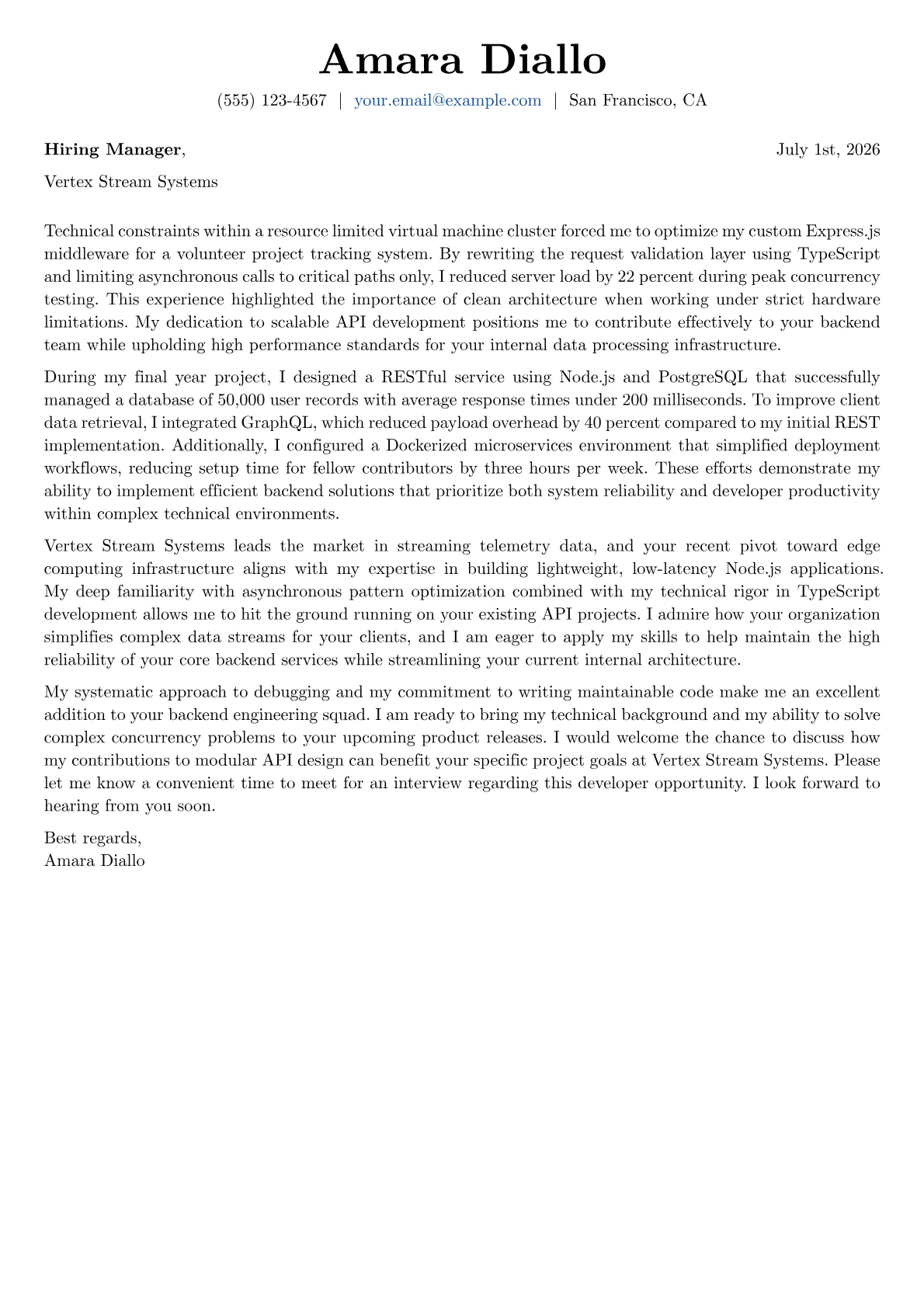 Express.js Developer cover letter in the Basic design