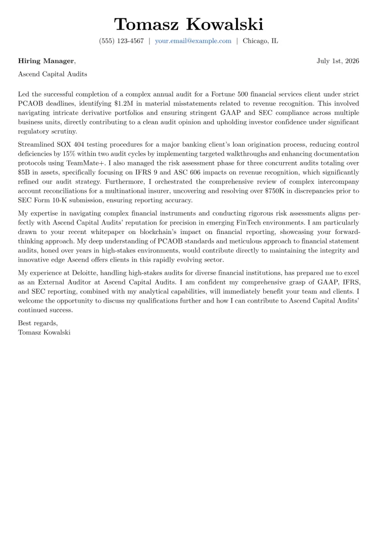External Auditor cover letter example preview
