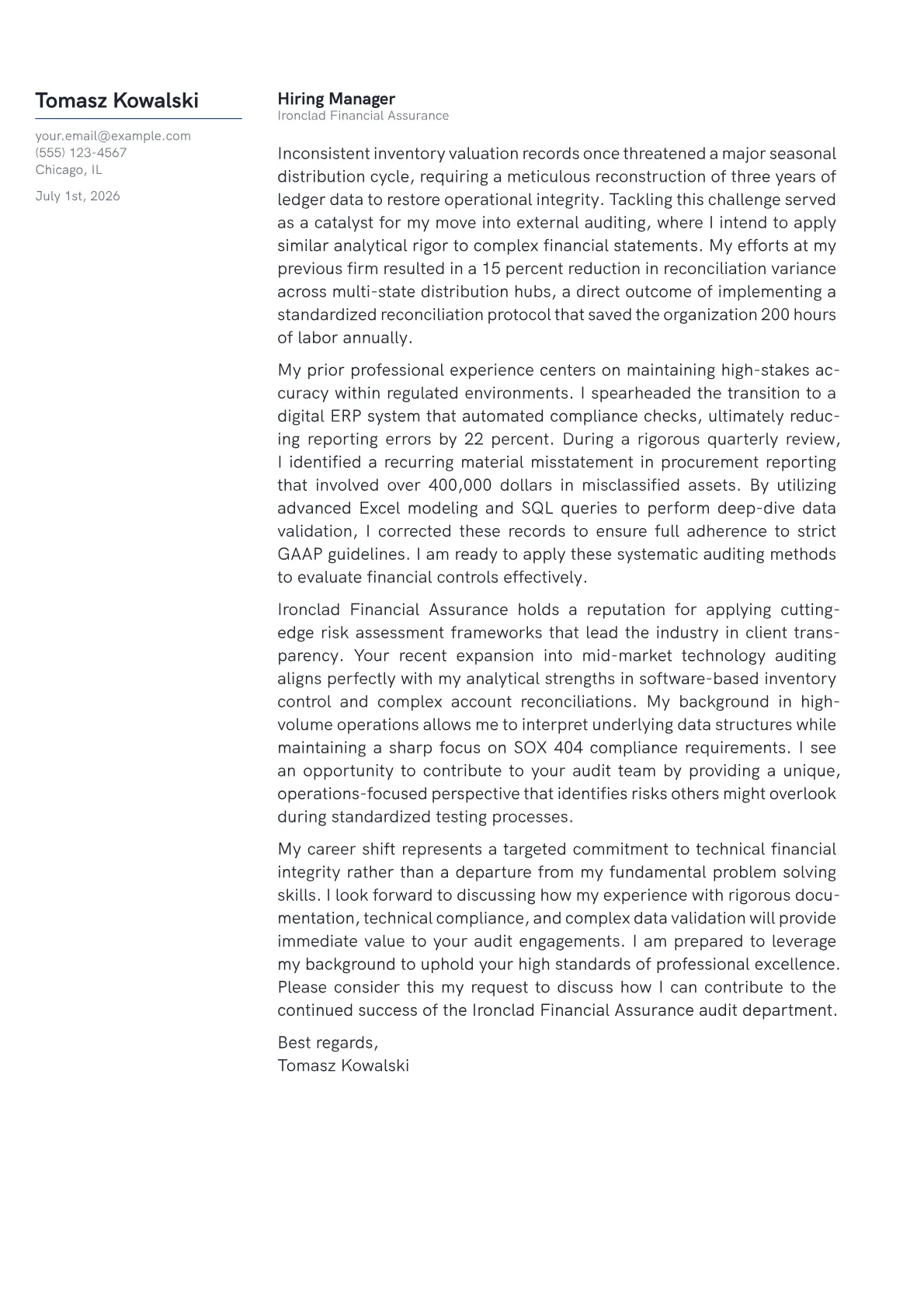 External Auditor cover letter in the Margin design