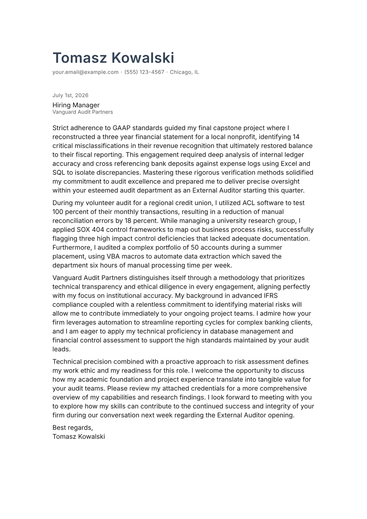 External Auditor cover letter in the Minimal design