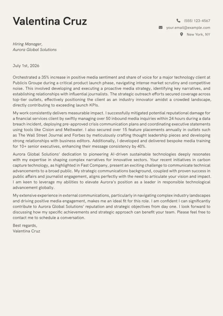External Communications Manager cover letter example preview