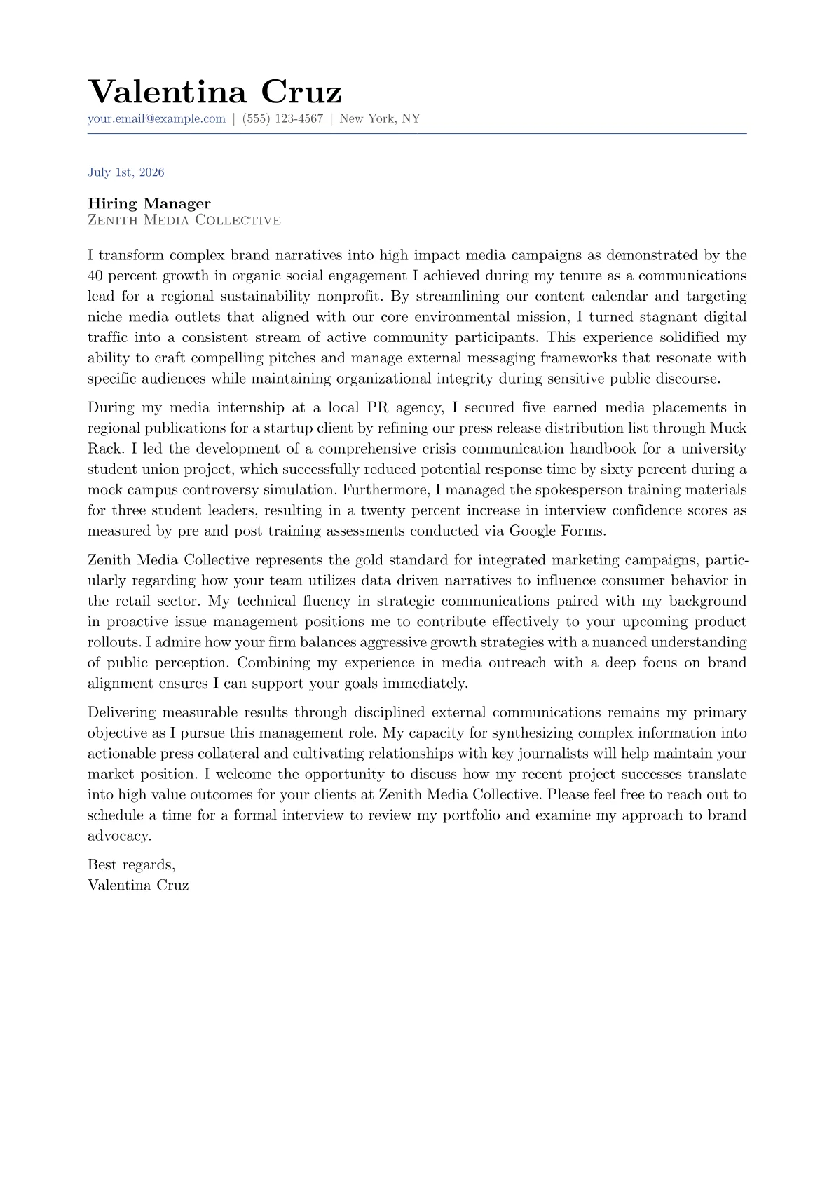 External Communications Manager cover letter in the Classic design