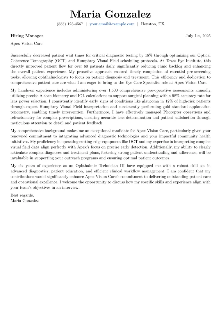 Eye Care Specialist cover letter example