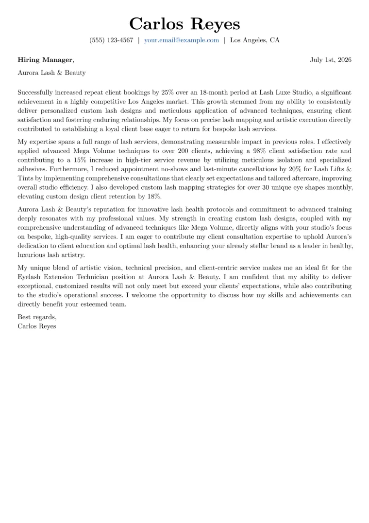 Eyelash Extension Technician cover letter example preview
